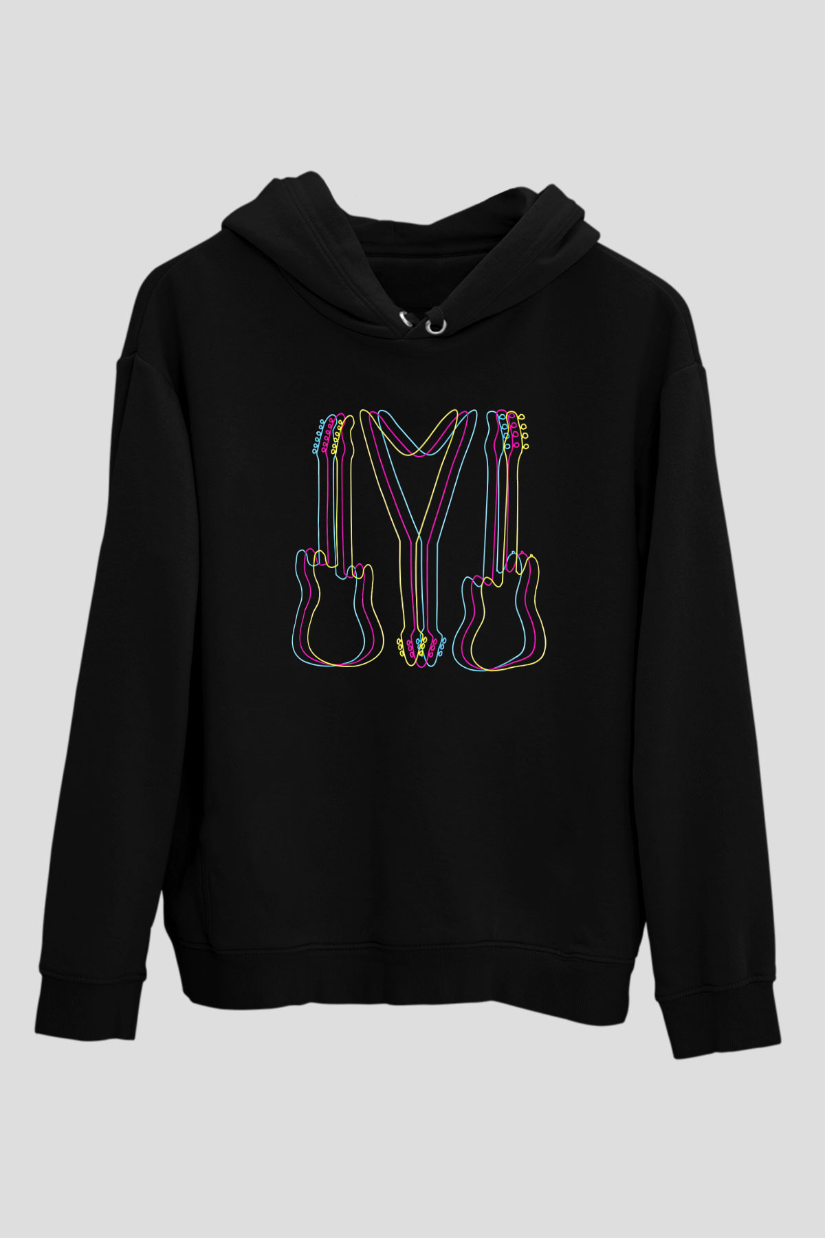 Elektro Gitar Baskılı Unisex Siyah Hoodie