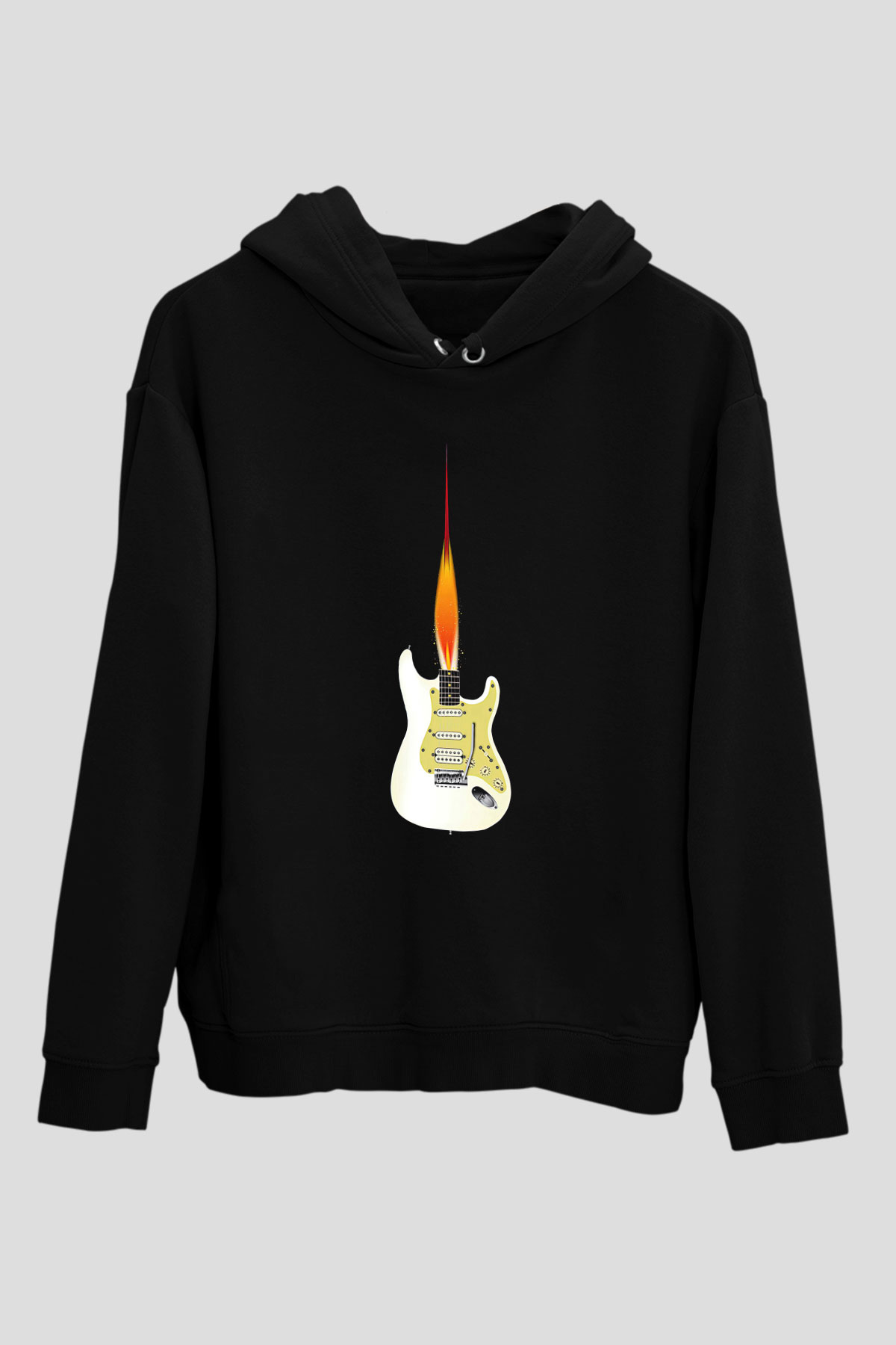 Elektro Gitar Baskılı Unisex Siyah Hoodie