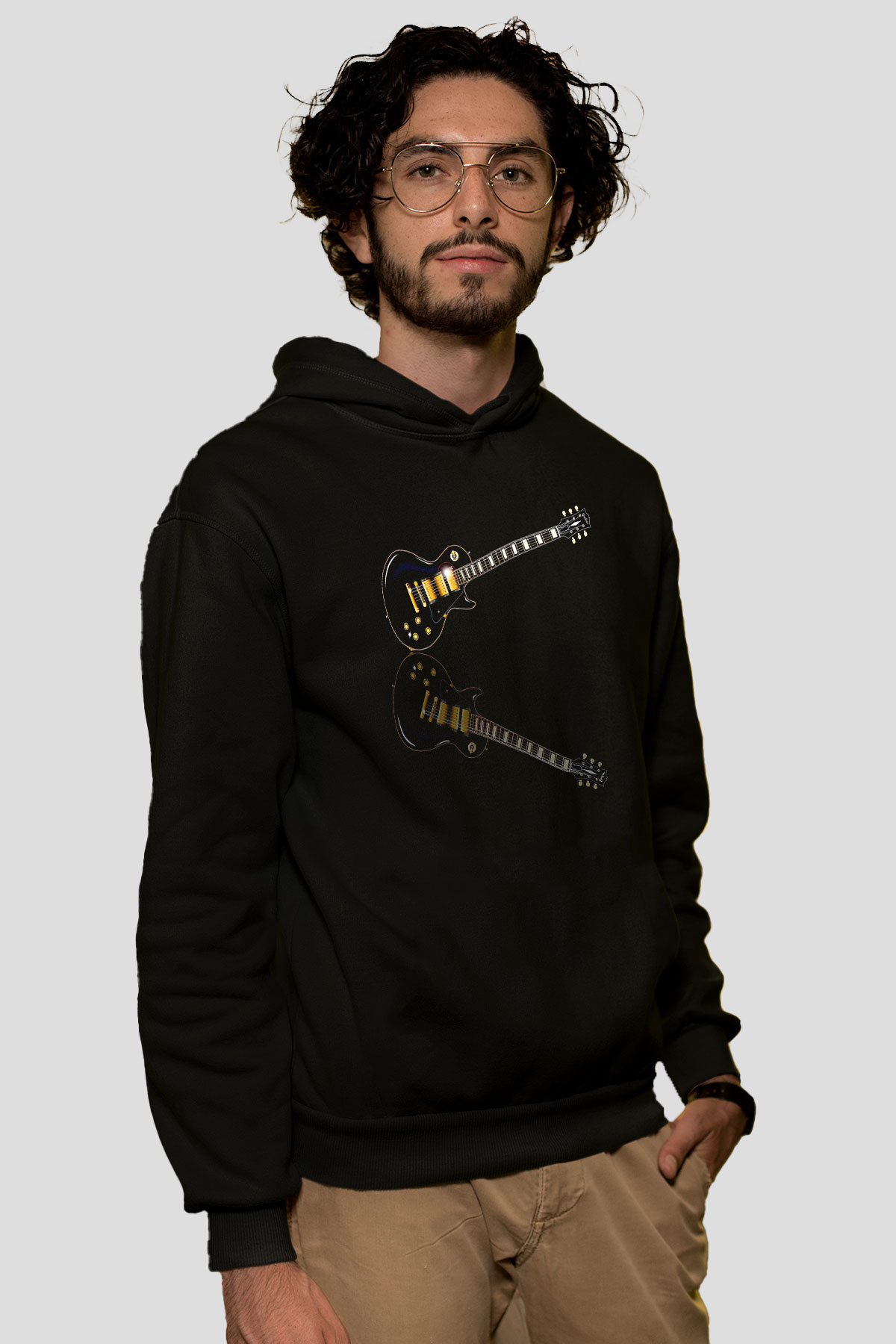 Elektro Gitar Baskılı Unisex Siyah Hoodie