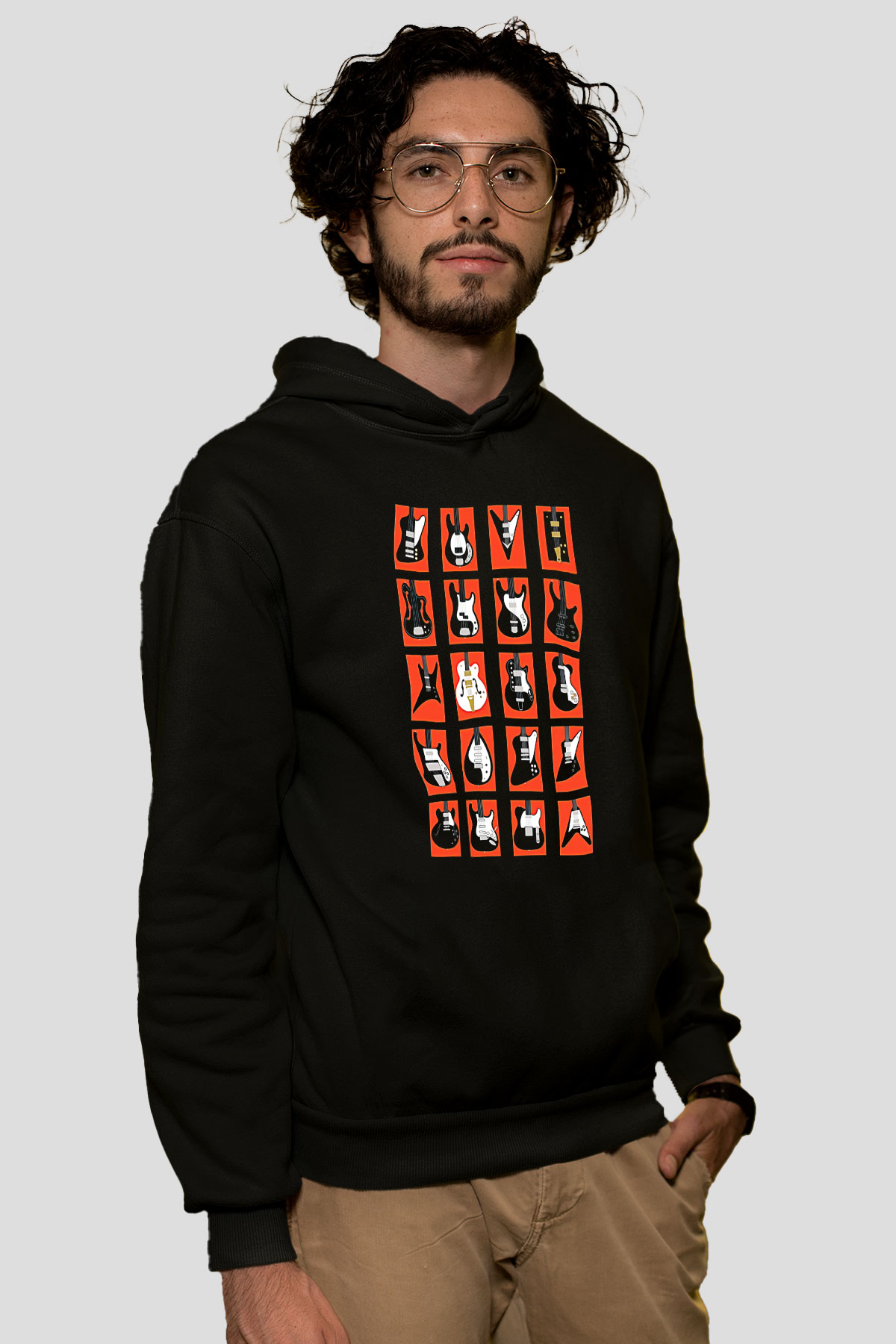 Elektro Gitar Baskılı Unisex Siyah Hoodie