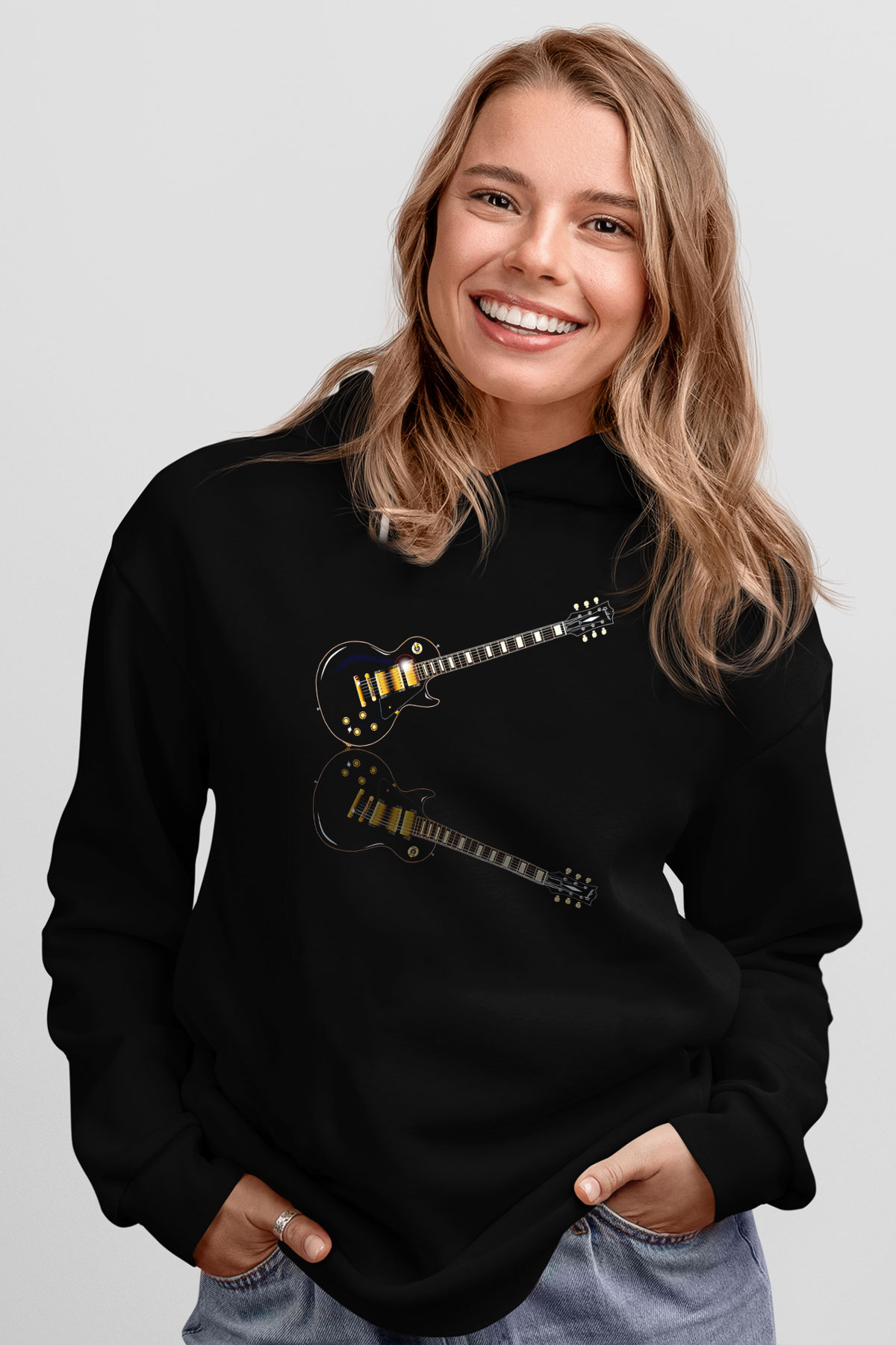 Elektro Gitar Baskılı Unisex Siyah Hoodie