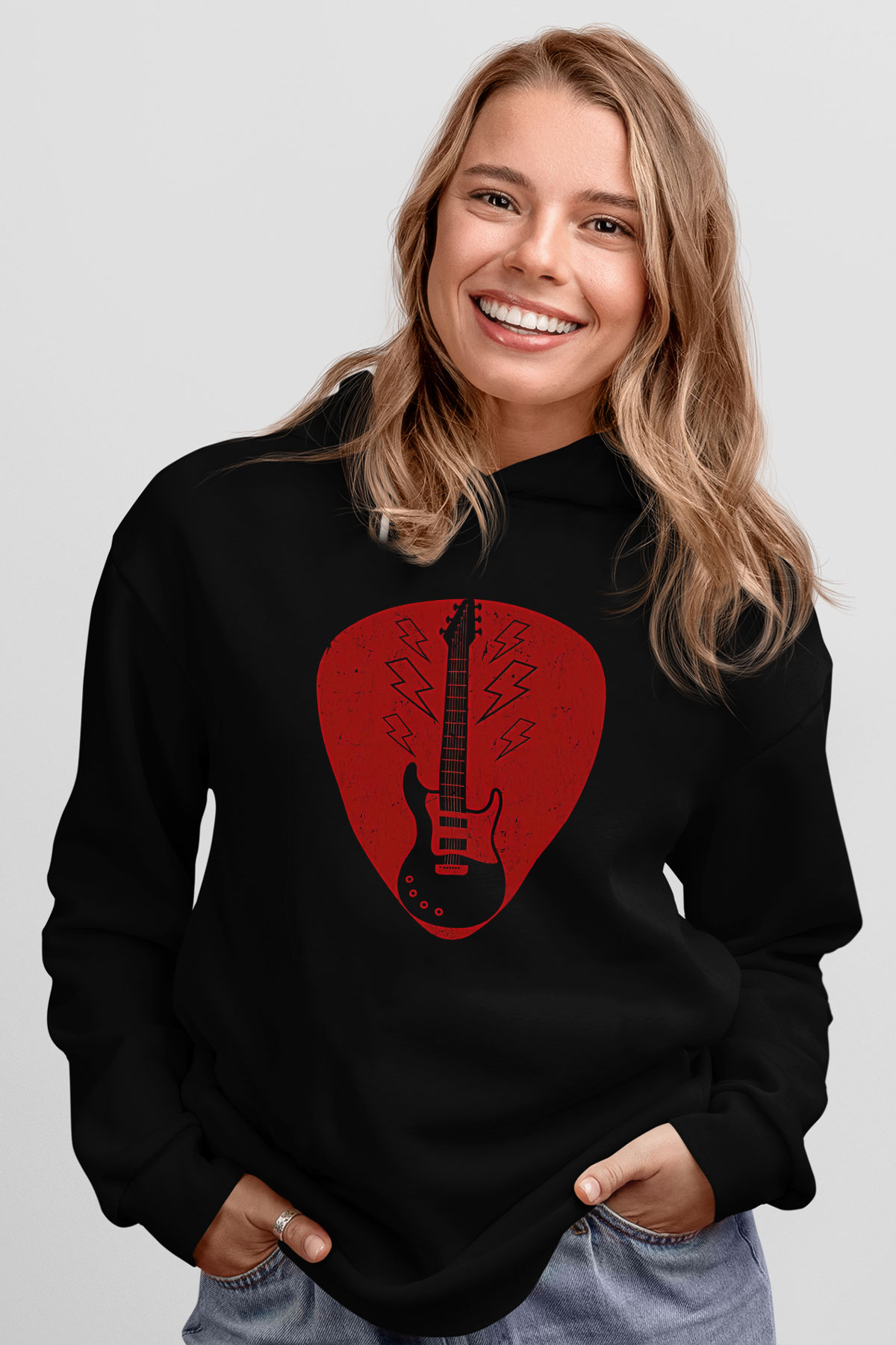 Elektro Gitar Baskılı Unisex Siyah Hoodie