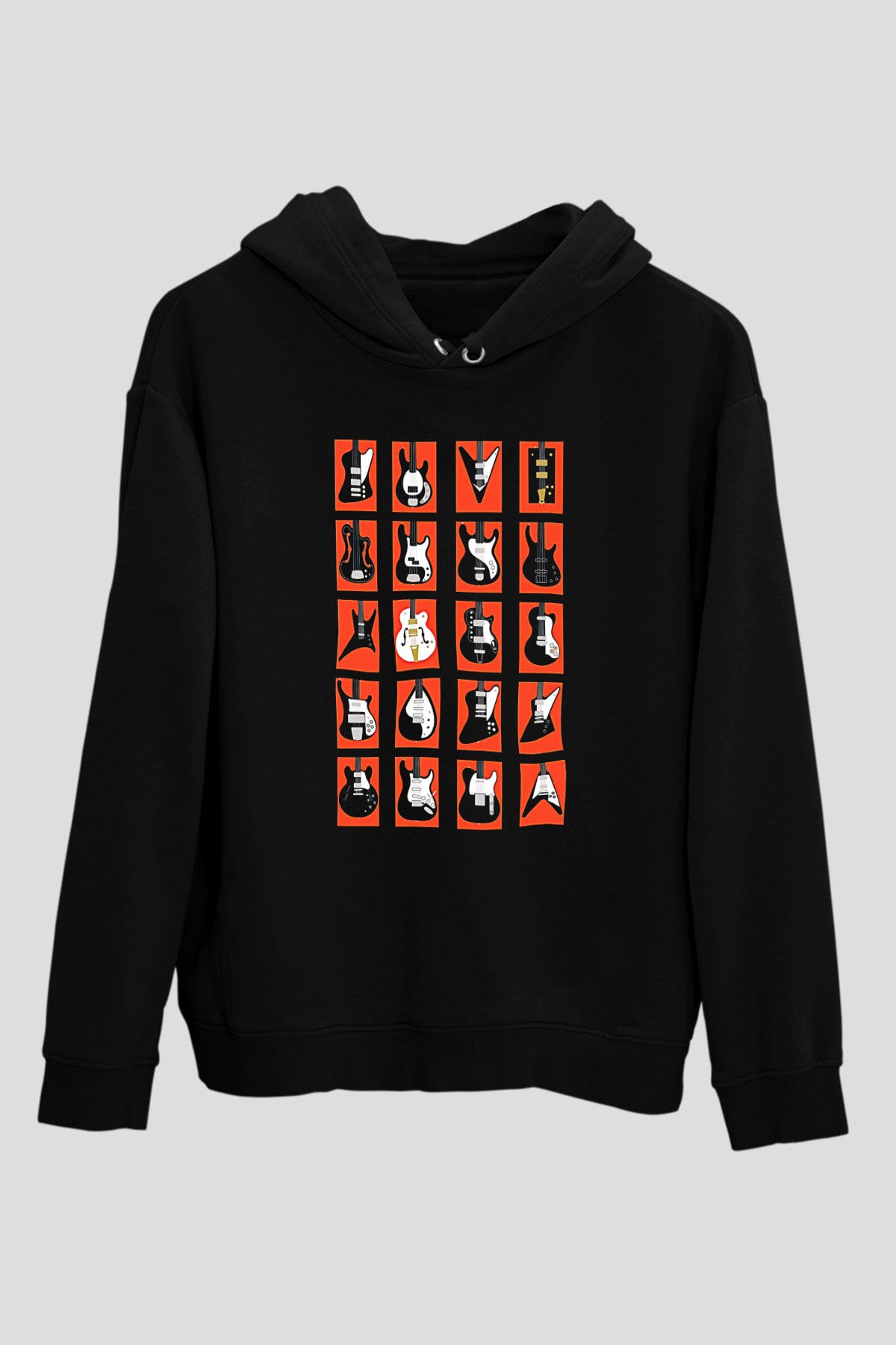 Elektro Gitar Baskılı Unisex Siyah Hoodie