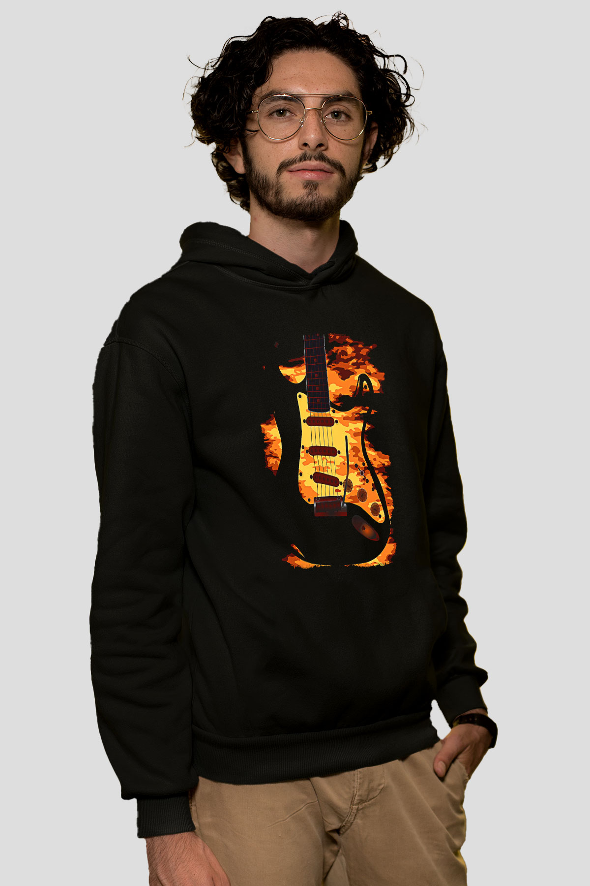 Elektro Gitar Baskılı Unisex Siyah Hoodie