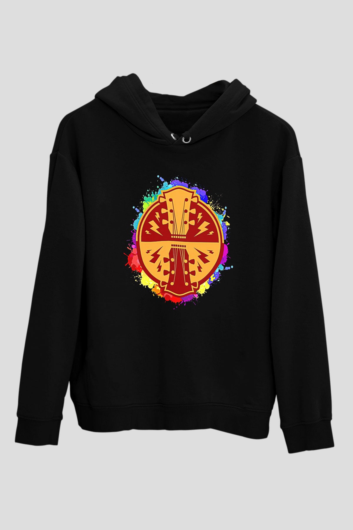 Elektro Gitar Baskılı Unisex Siyah Hoodie