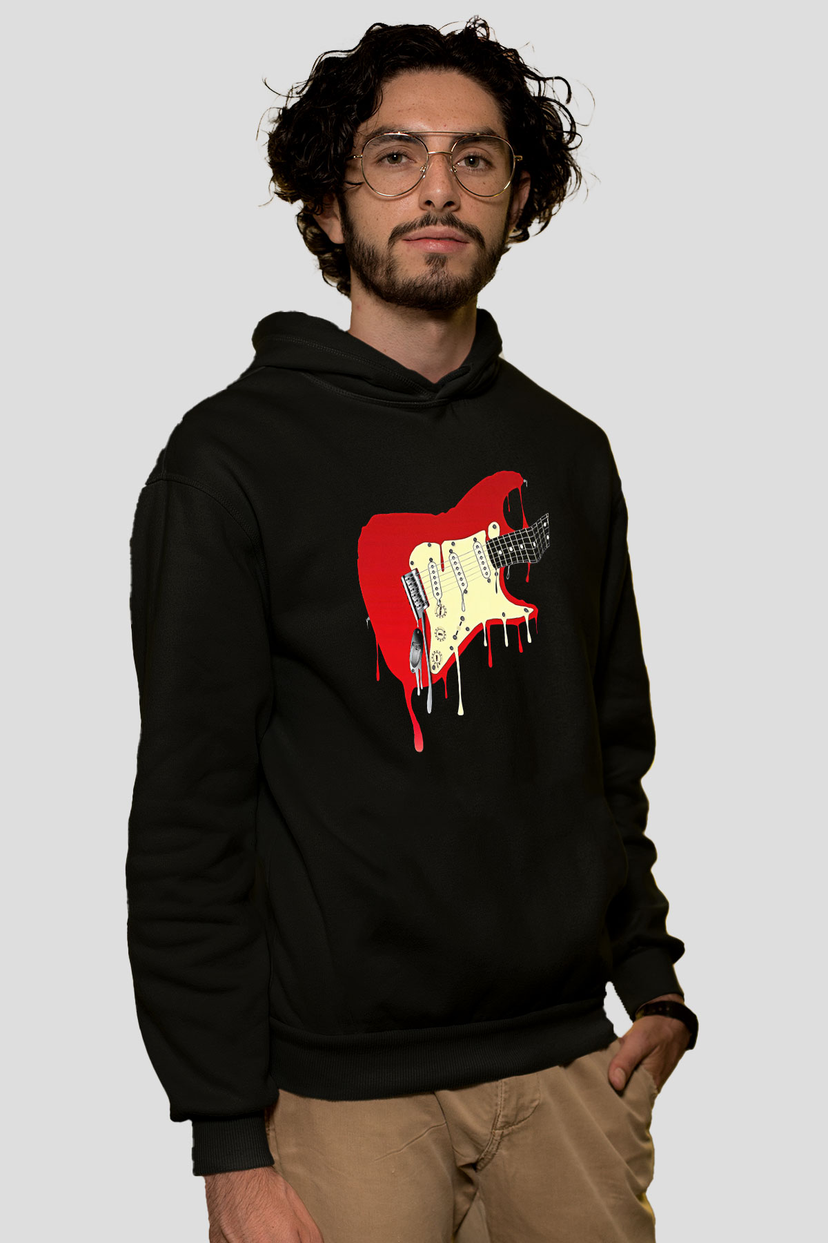 Elektro Gitar Baskılı Unisex Siyah Hoodie