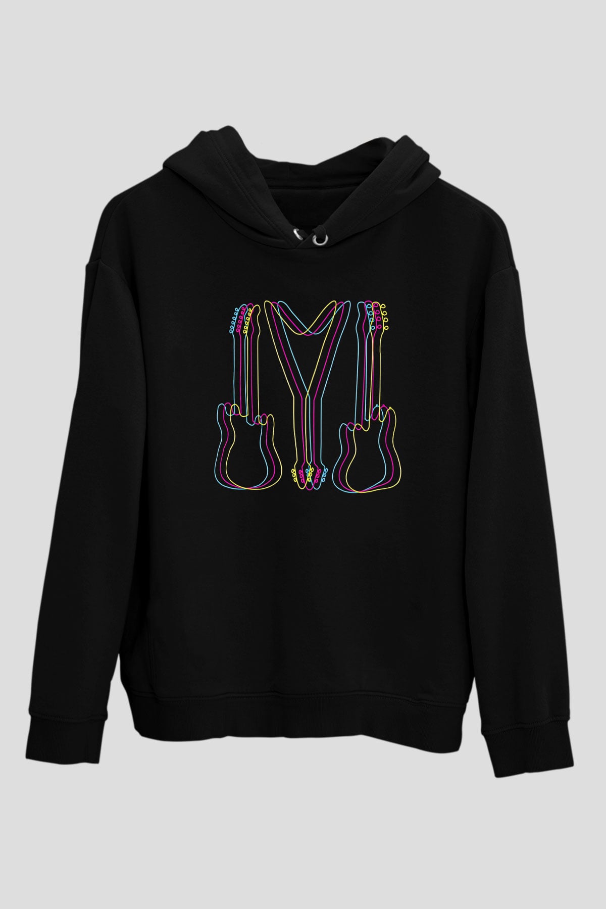 Elektro Gitar Baskılı Unisex Siyah Hoodie