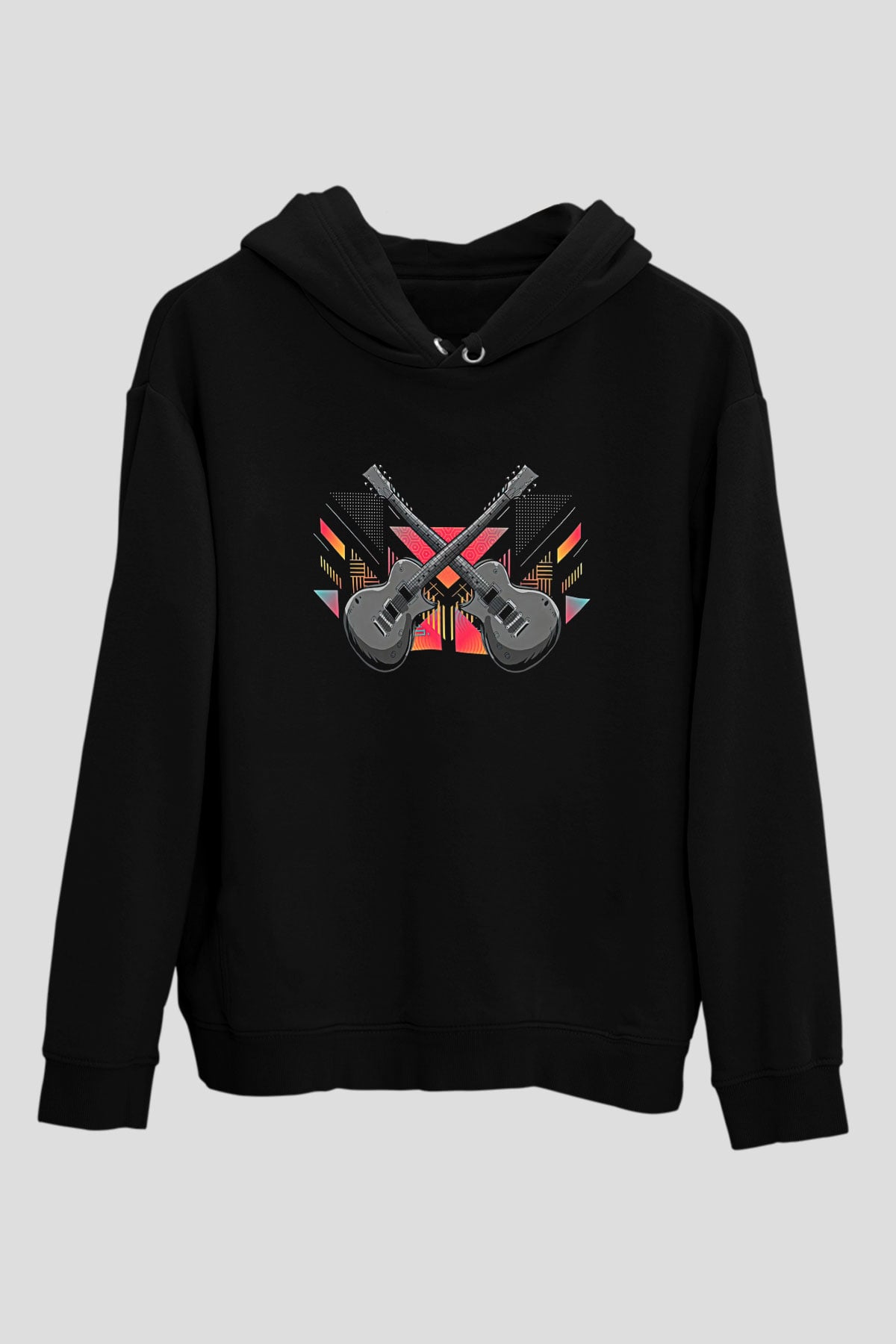 Elektro Gitar Baskılı Unisex Siyah Hoodie