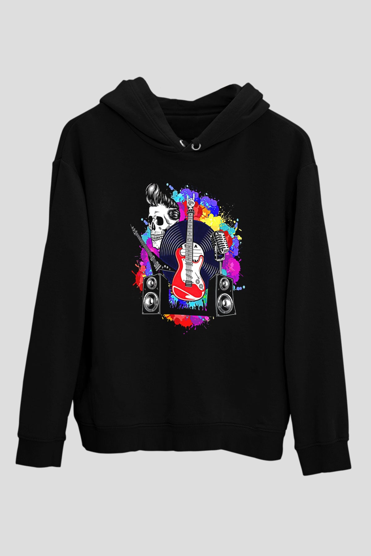 Elektro Gitar Baskılı Unisex Siyah Hoodie