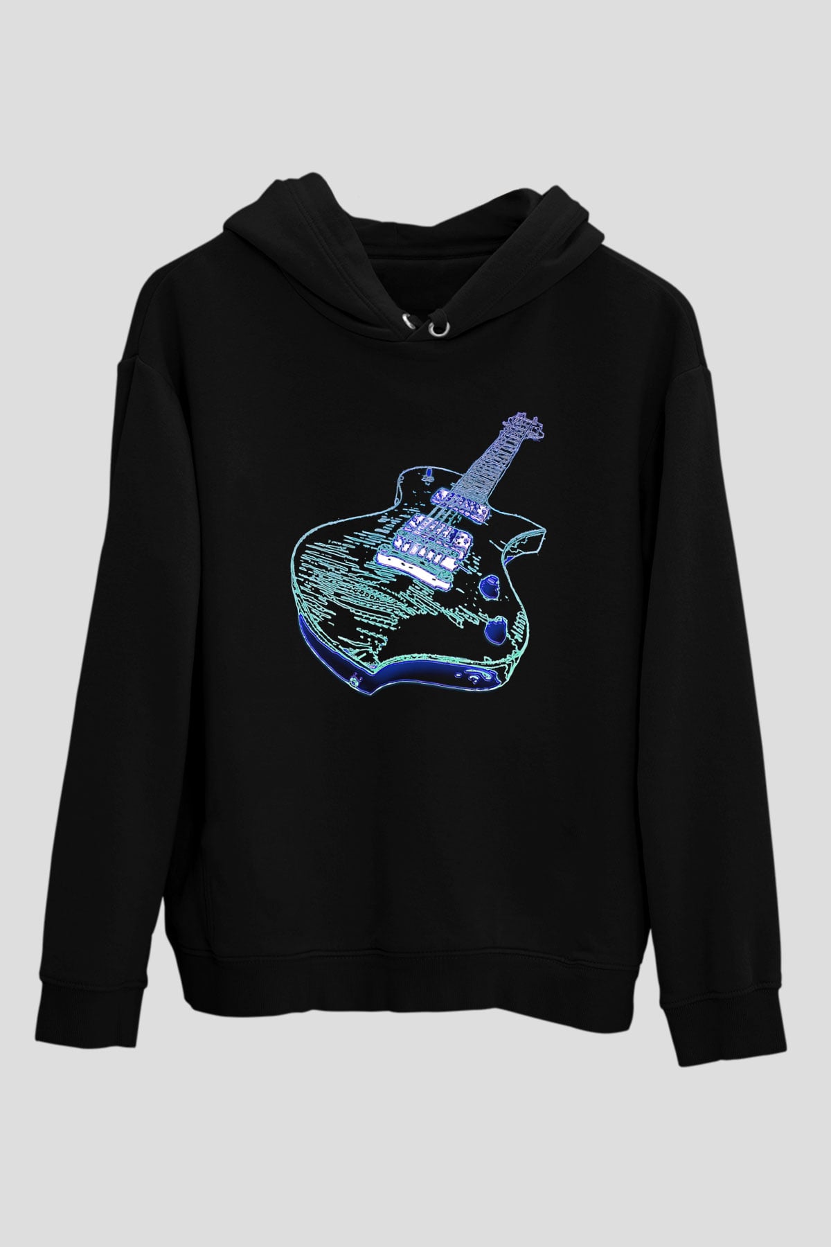 Elektro Gitar Baskılı Unisex Siyah Hoodie