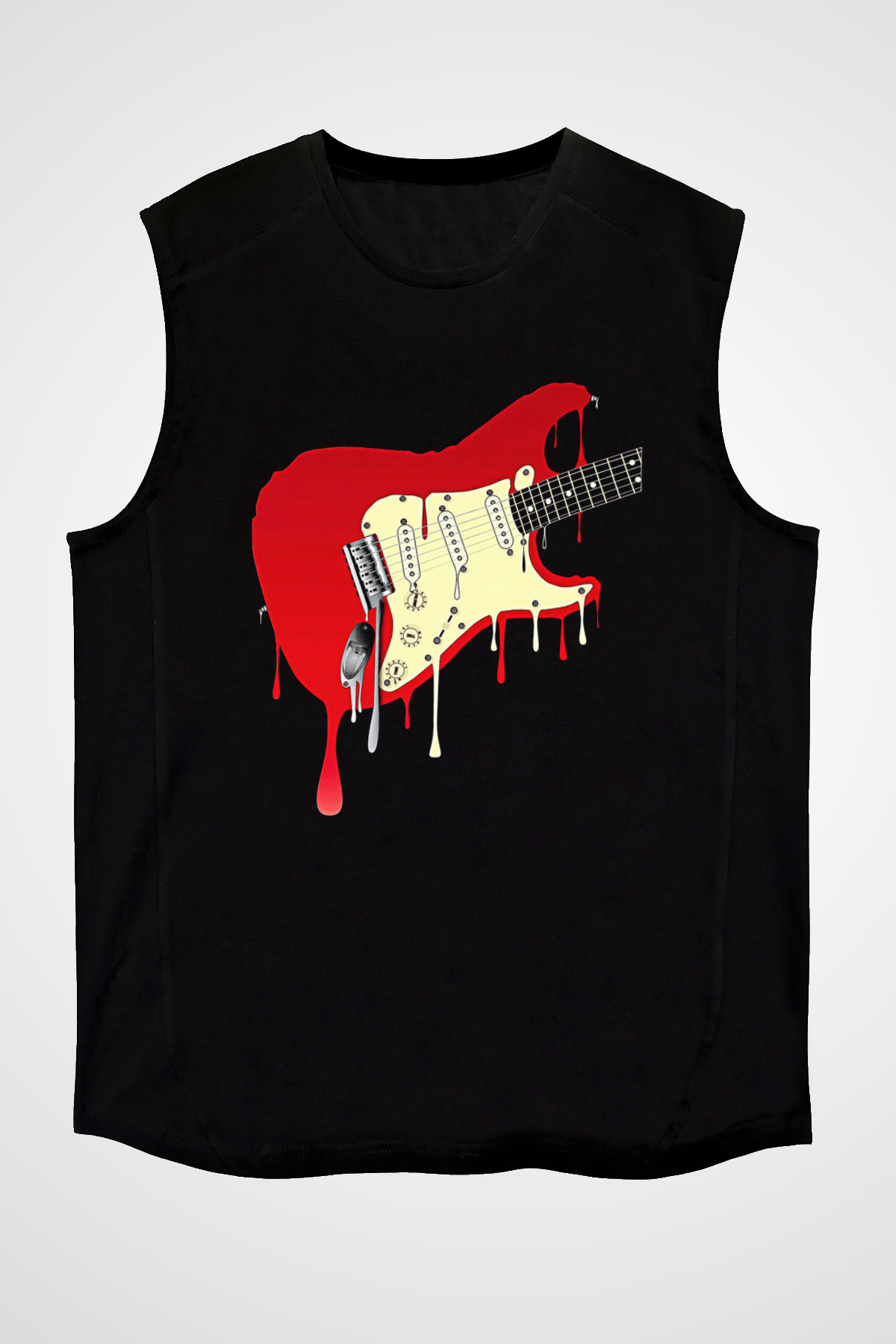 Elektro Gitar Baskılı Unisex Siyah Kolsuz Tişört - Tshirt