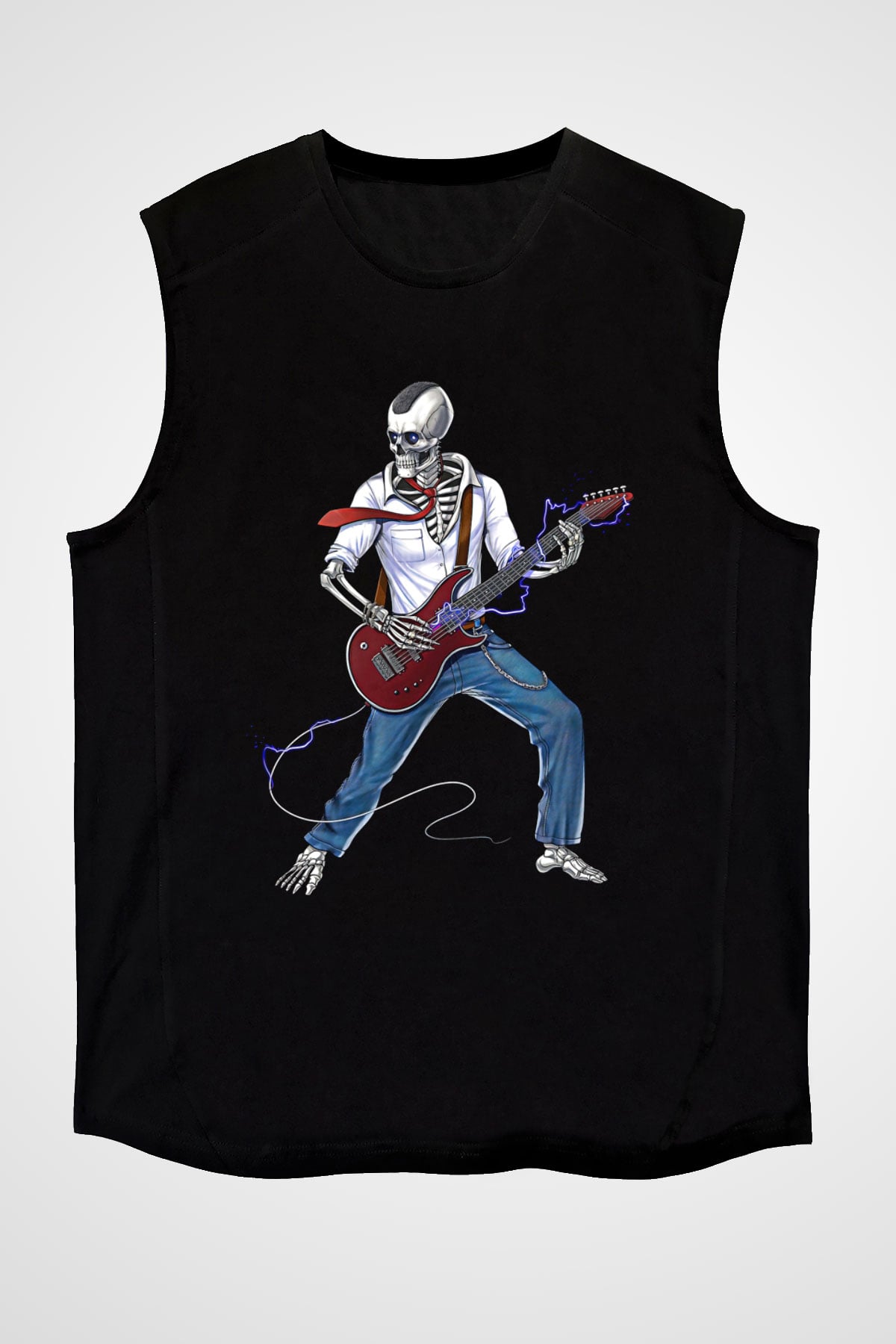 Elektro Gitar Baskılı Unisex Siyah Kolsuz Tişört - Tshirt