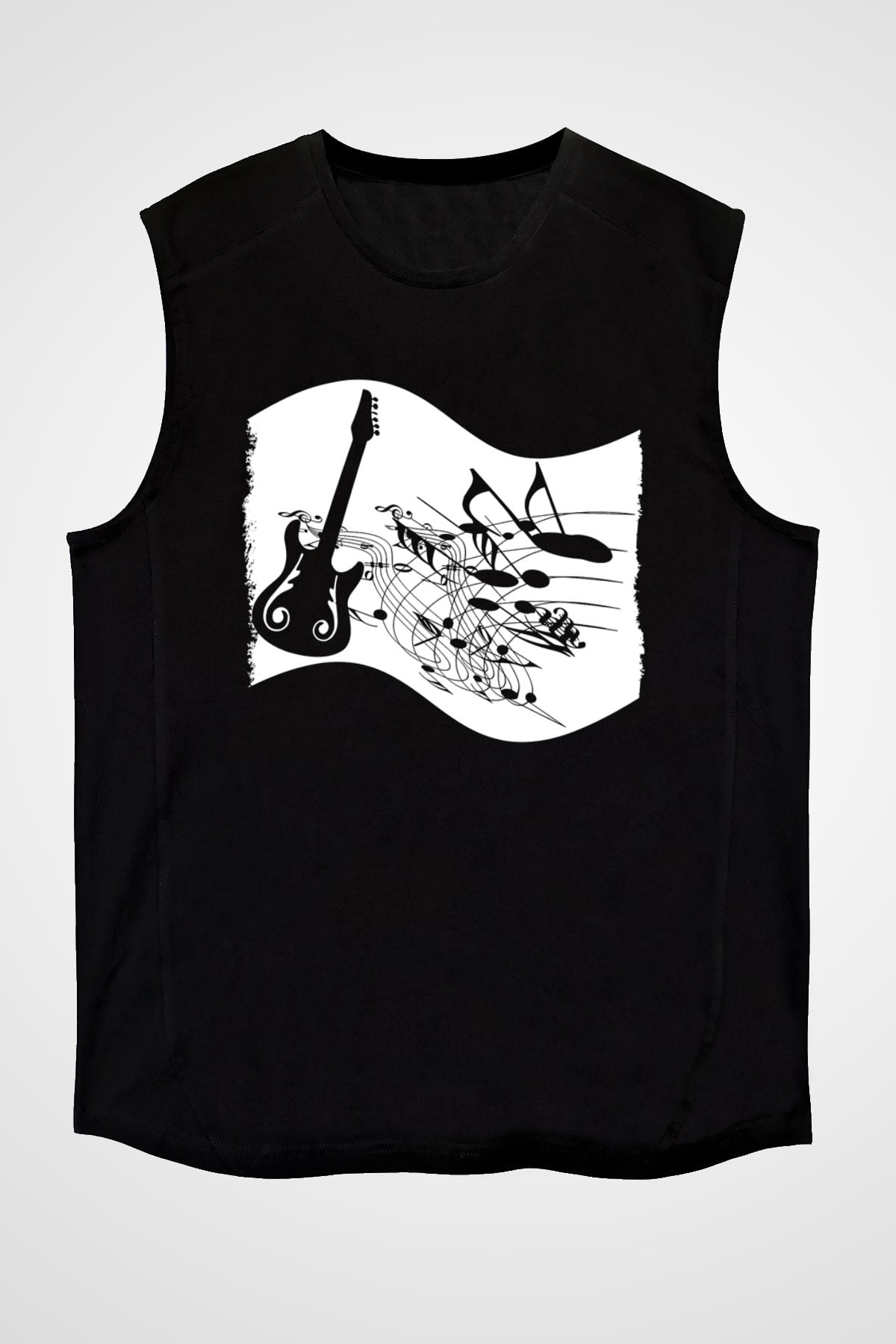 Elektro Gitar Baskılı Unisex Siyah Kolsuz Tişört - Tshirt