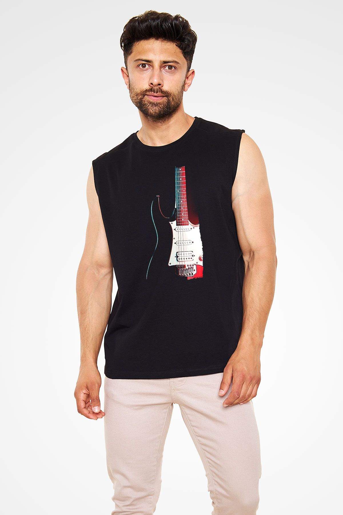 Elektro Gitar Baskılı Unisex Siyah Kolsuz Tişört - Tshirt