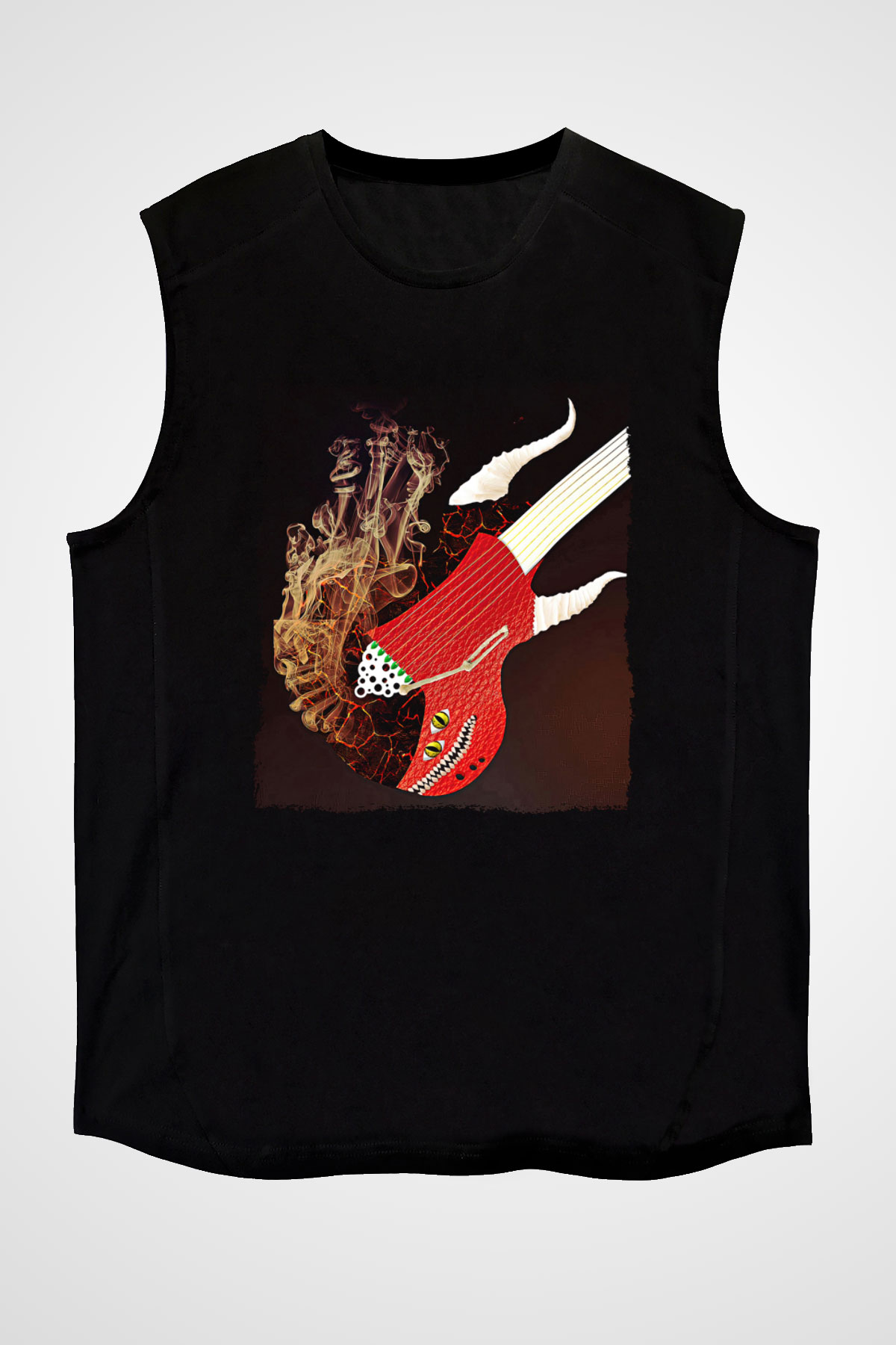 Elektro Gitar Baskılı Unisex Siyah Kolsuz Tişört - Tshirt