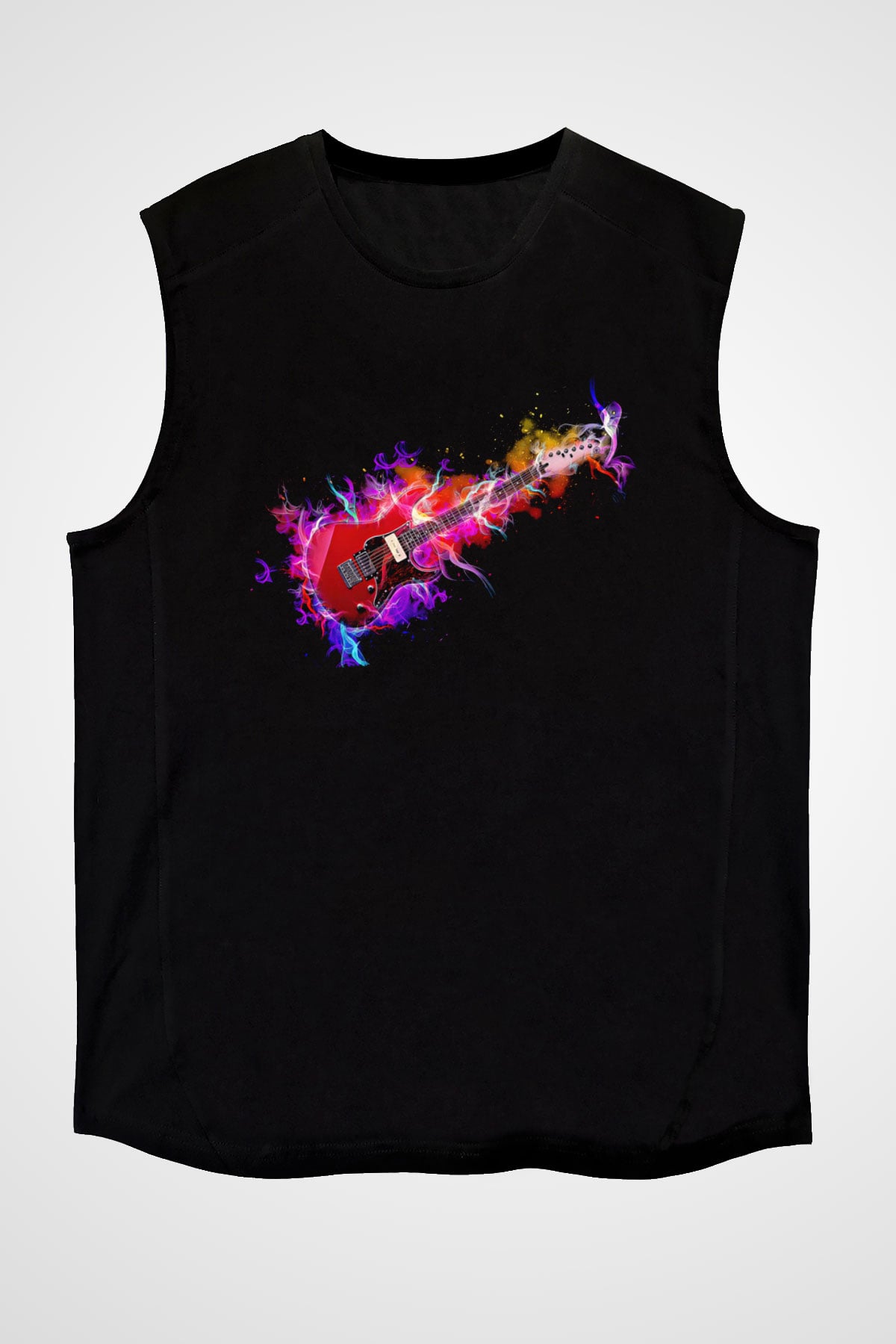 Elektro Gitar Baskılı Unisex Siyah Kolsuz Tişört - Tshirt