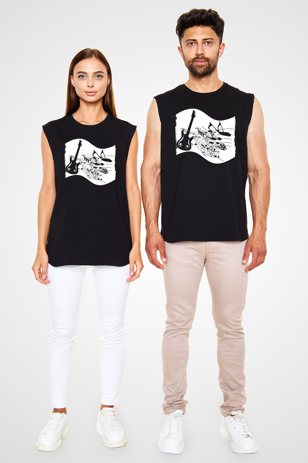 Elektro Gitar Baskılı Unisex Siyah Kolsuz Tişört - Tshirt