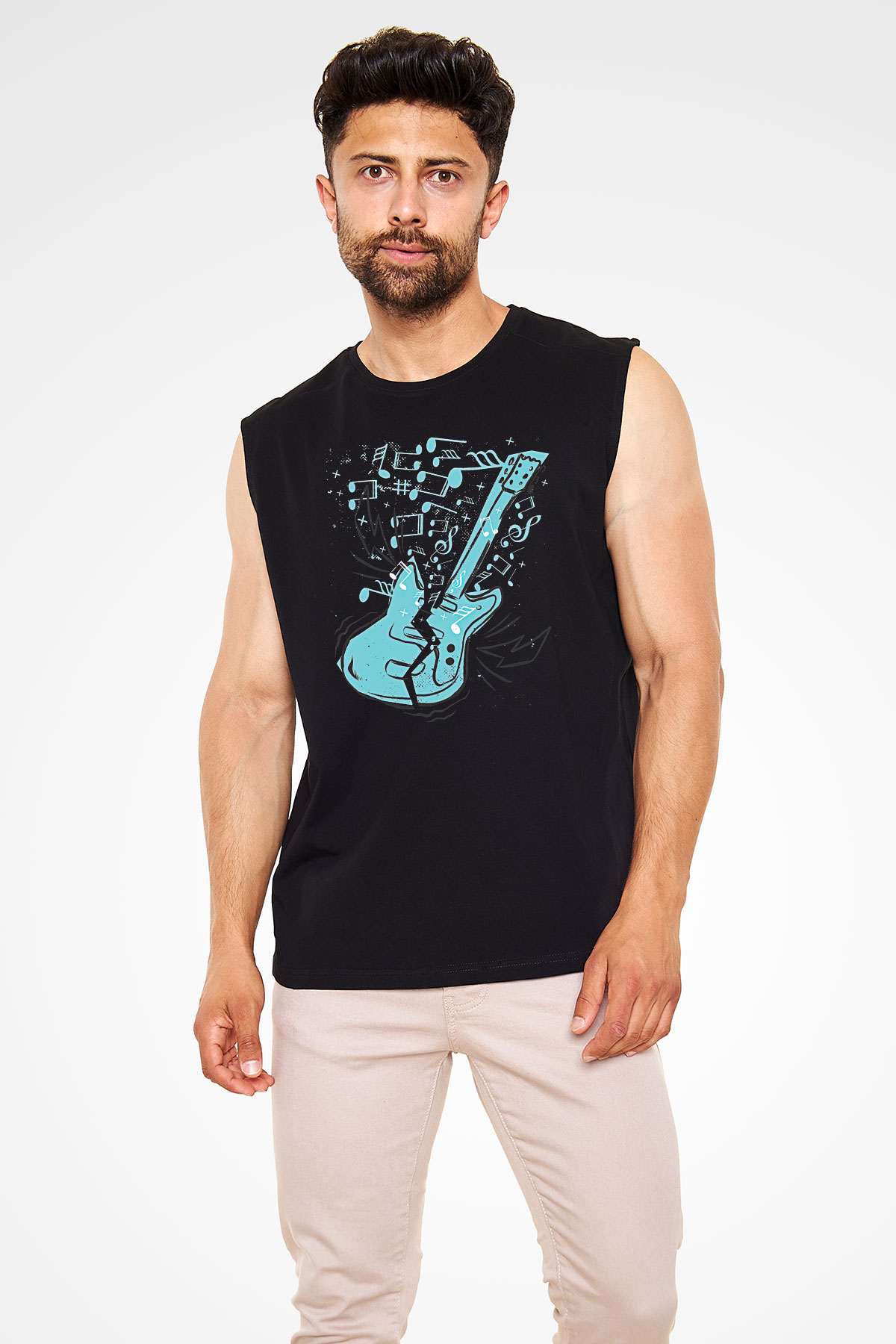 Elektro Gitar Baskılı Unisex Siyah Kolsuz Tişört - Tshirt