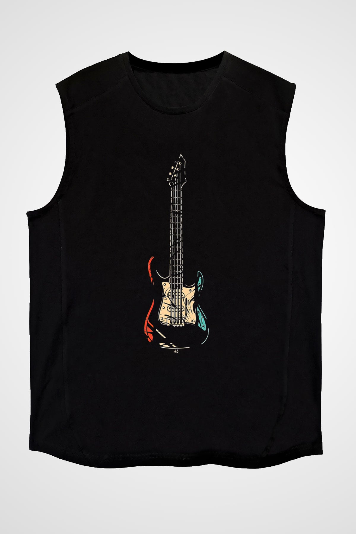 Elektro Gitar Baskılı Unisex Siyah Kolsuz Tişört - Tshirt