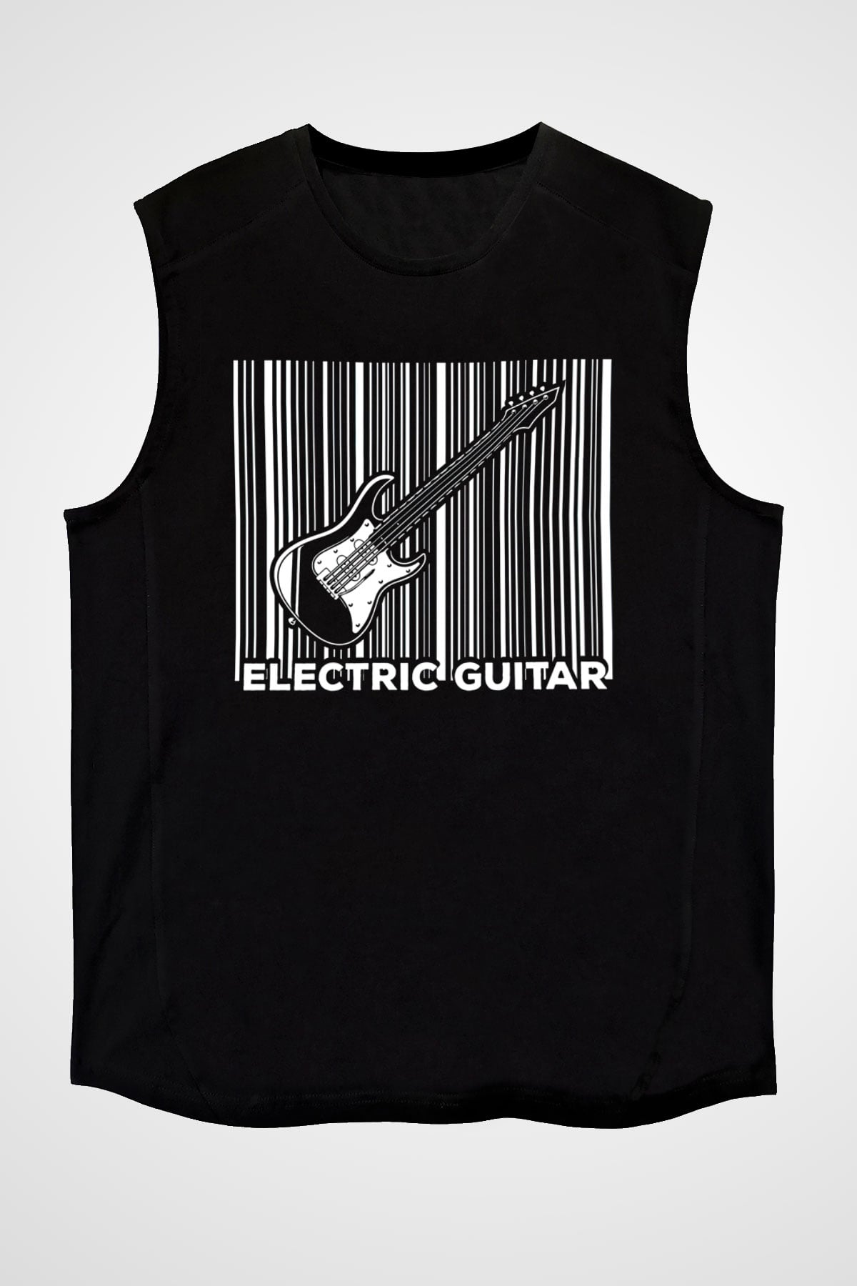 Elektro Gitar Baskılı Unisex Siyah Kolsuz Tişört - Tshirt