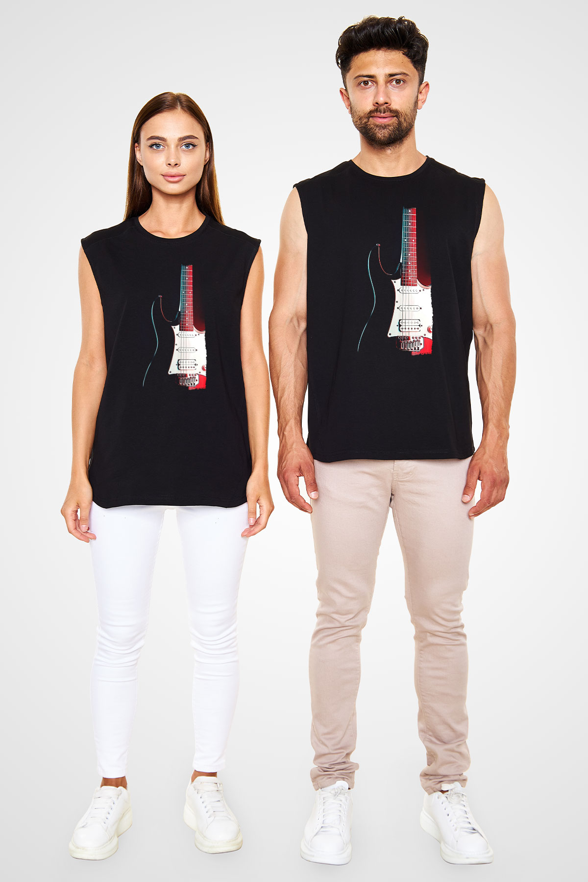 Elektro Gitar Baskılı Unisex Siyah Kolsuz Tişört - Tshirt