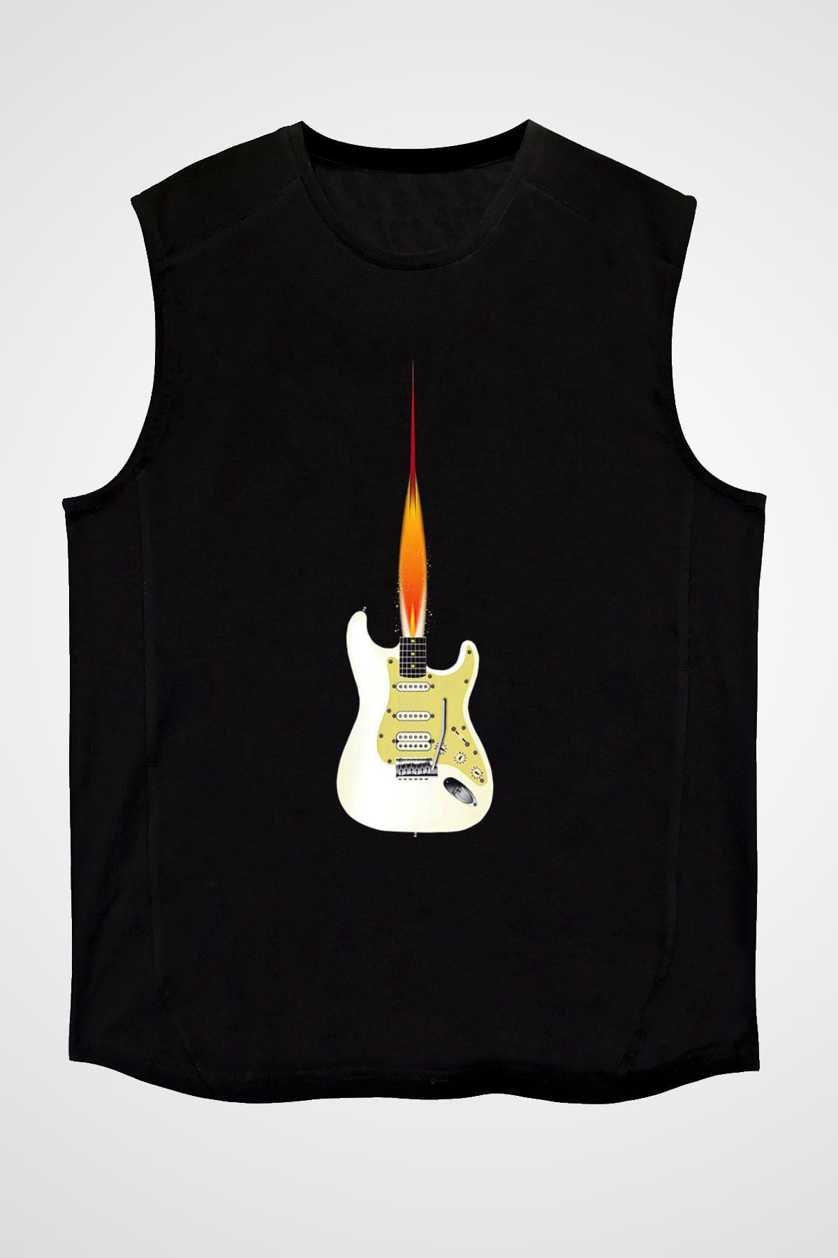 Elektro Gitar Baskılı Unisex Siyah Kolsuz Tişört - Tshirt