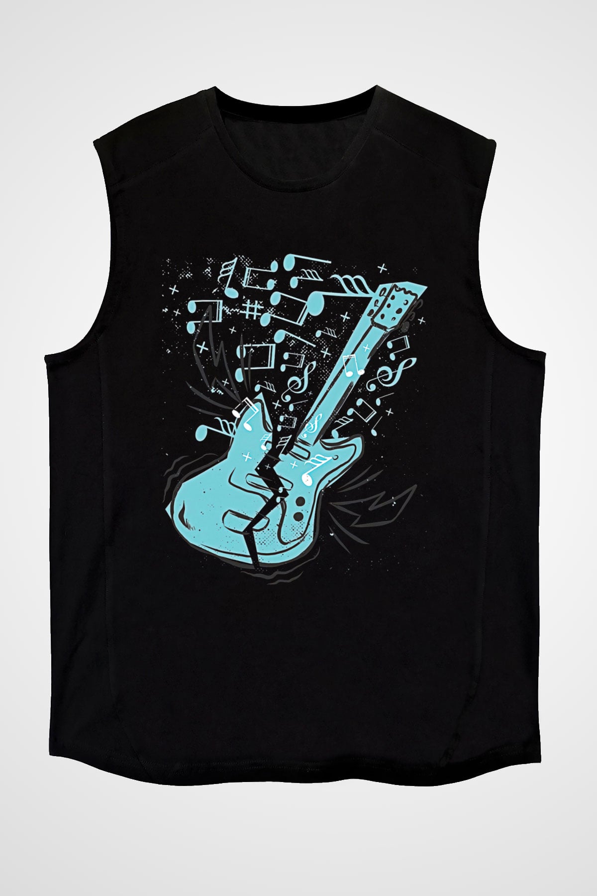 Elektro Gitar Baskılı Unisex Siyah Kolsuz Tişört - Tshirt