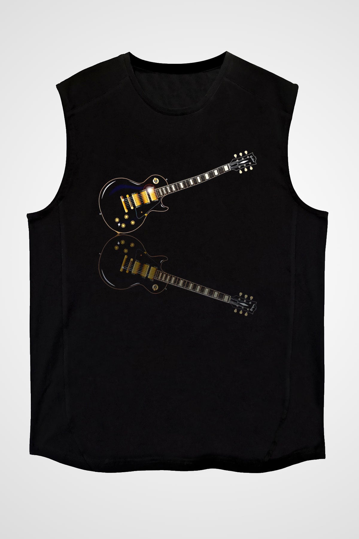 Elektro Gitar Baskılı Unisex Siyah Kolsuz Tişört - Tshirt