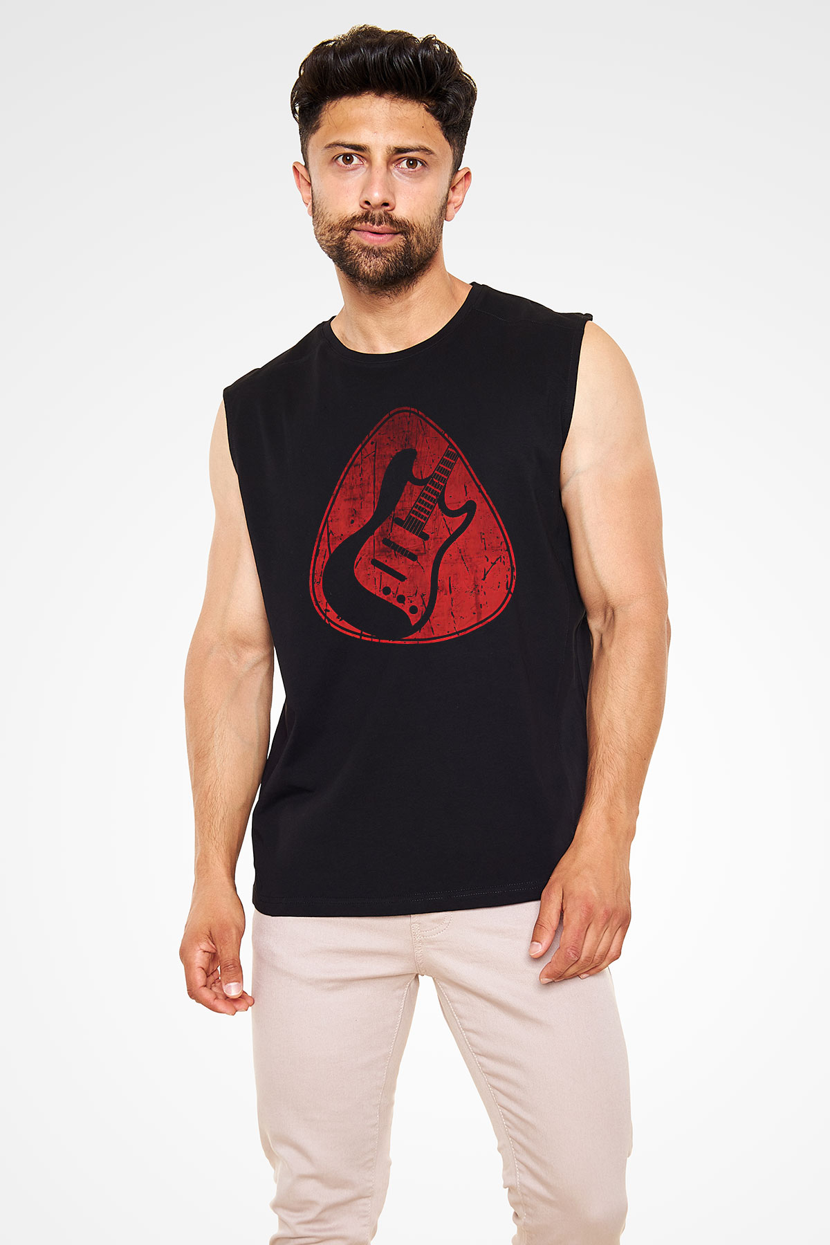 Elektro Gitar Baskılı Unisex Siyah Kolsuz Tişört - Tshirt