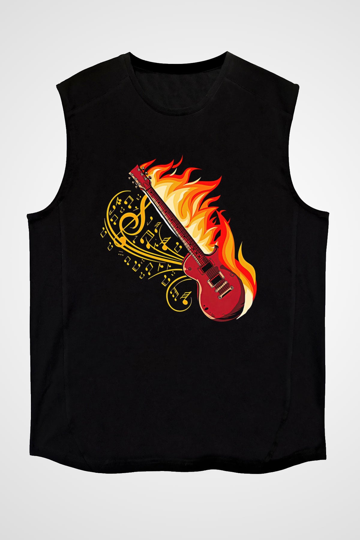 Elektro Gitar Baskılı Unisex Siyah Kolsuz Tişört - Tshirt