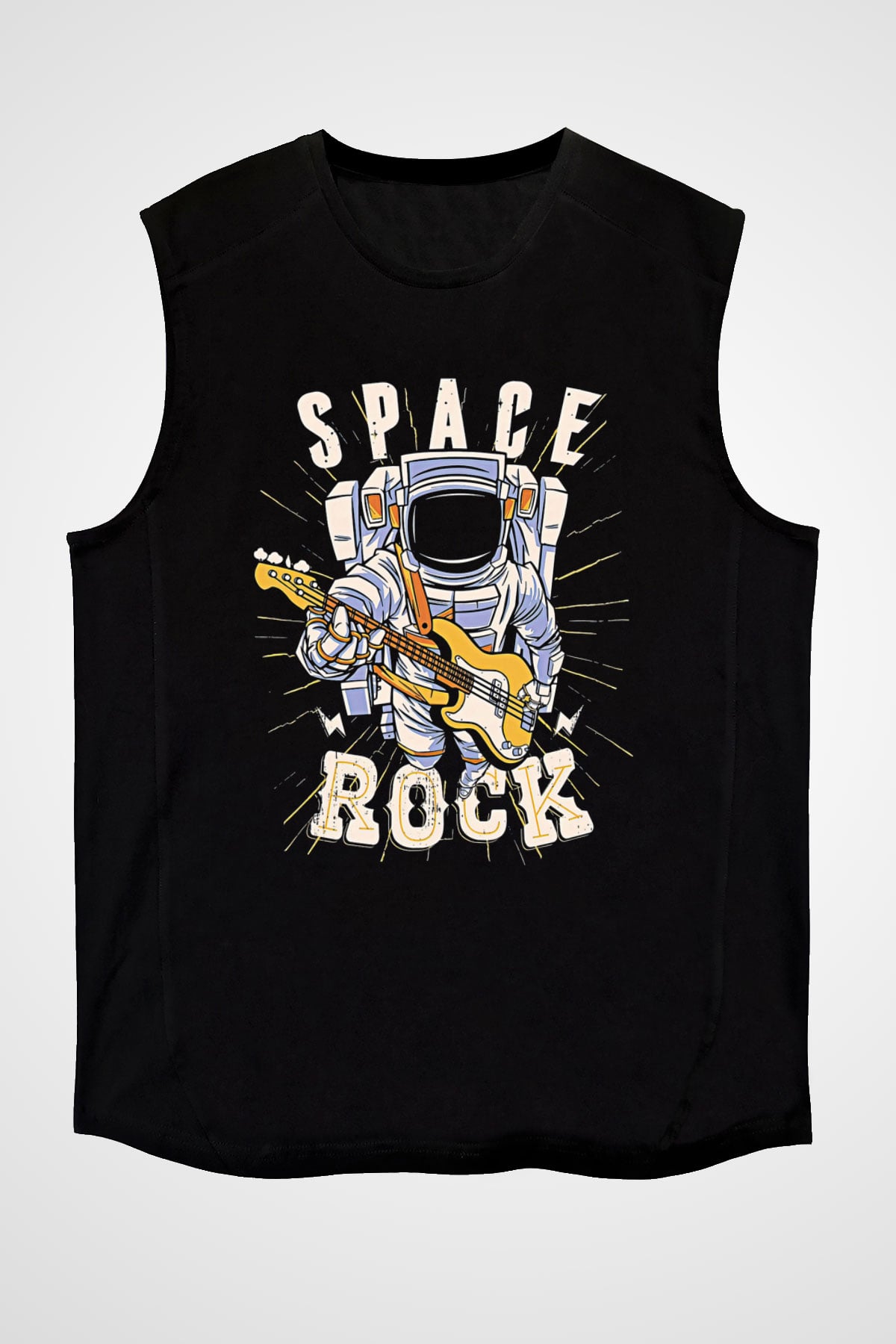 Elektro Gitar Baskılı Unisex Siyah Kolsuz Tişört - Tshirt