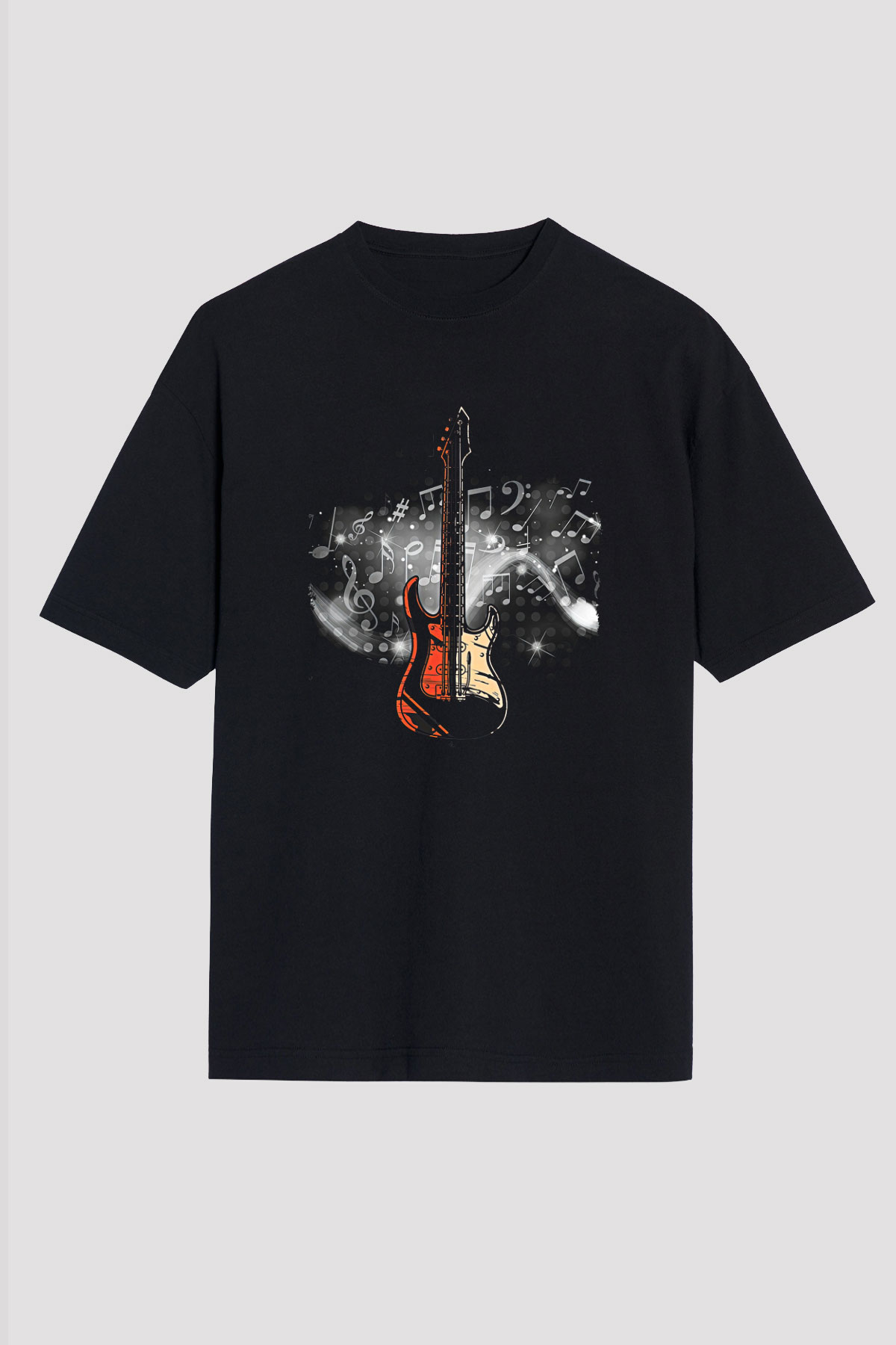 Elektro Gitar Baskılı Unisex Siyah Oversize Tişört - Tshirt