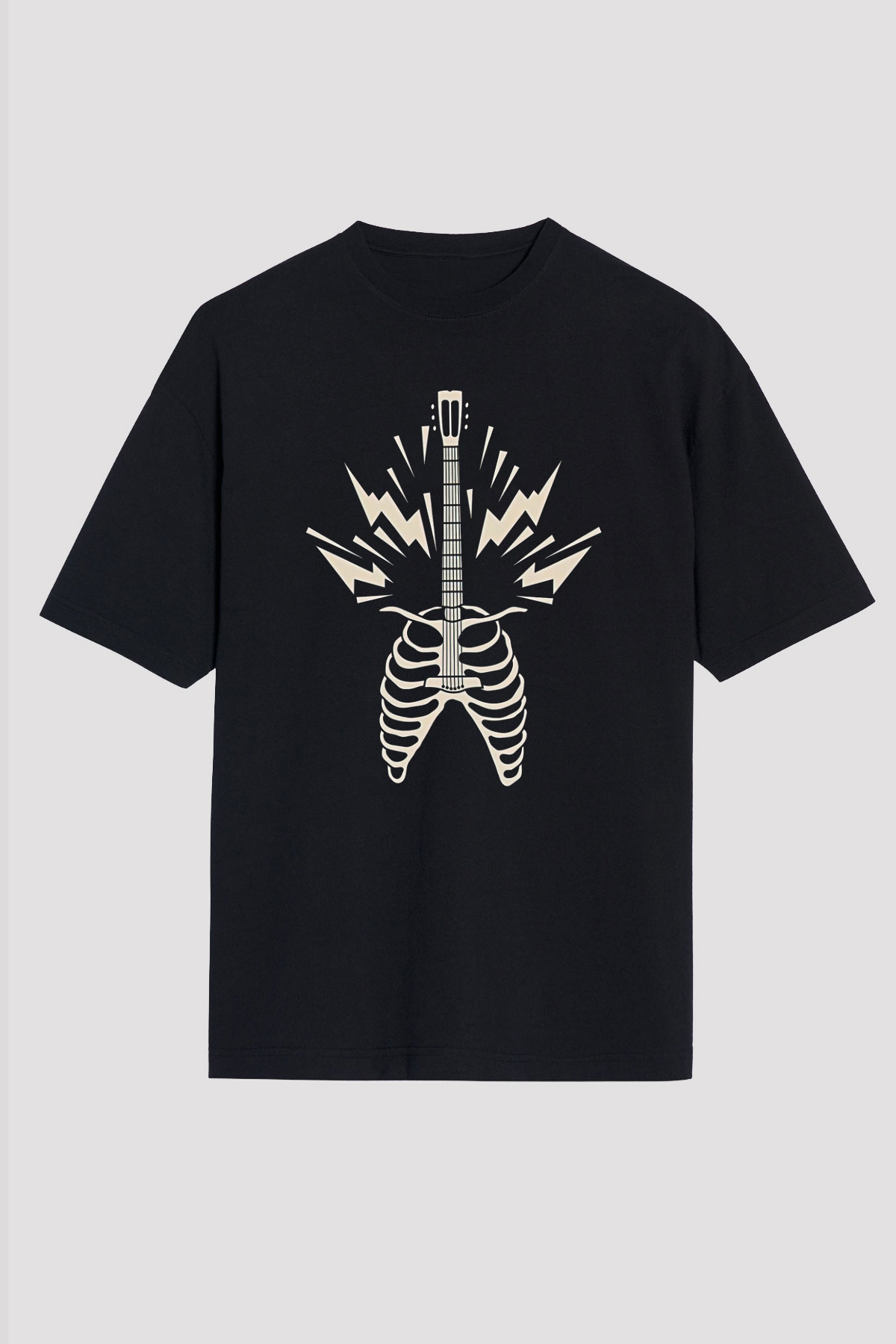 Elektro Gitar Baskılı Unisex Siyah Oversize Tişört - Tshirt
