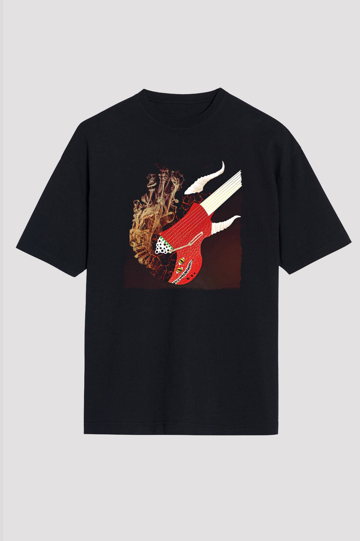 Elektro Gitar Baskılı Unisex Siyah Oversize Tişört - Tshirt