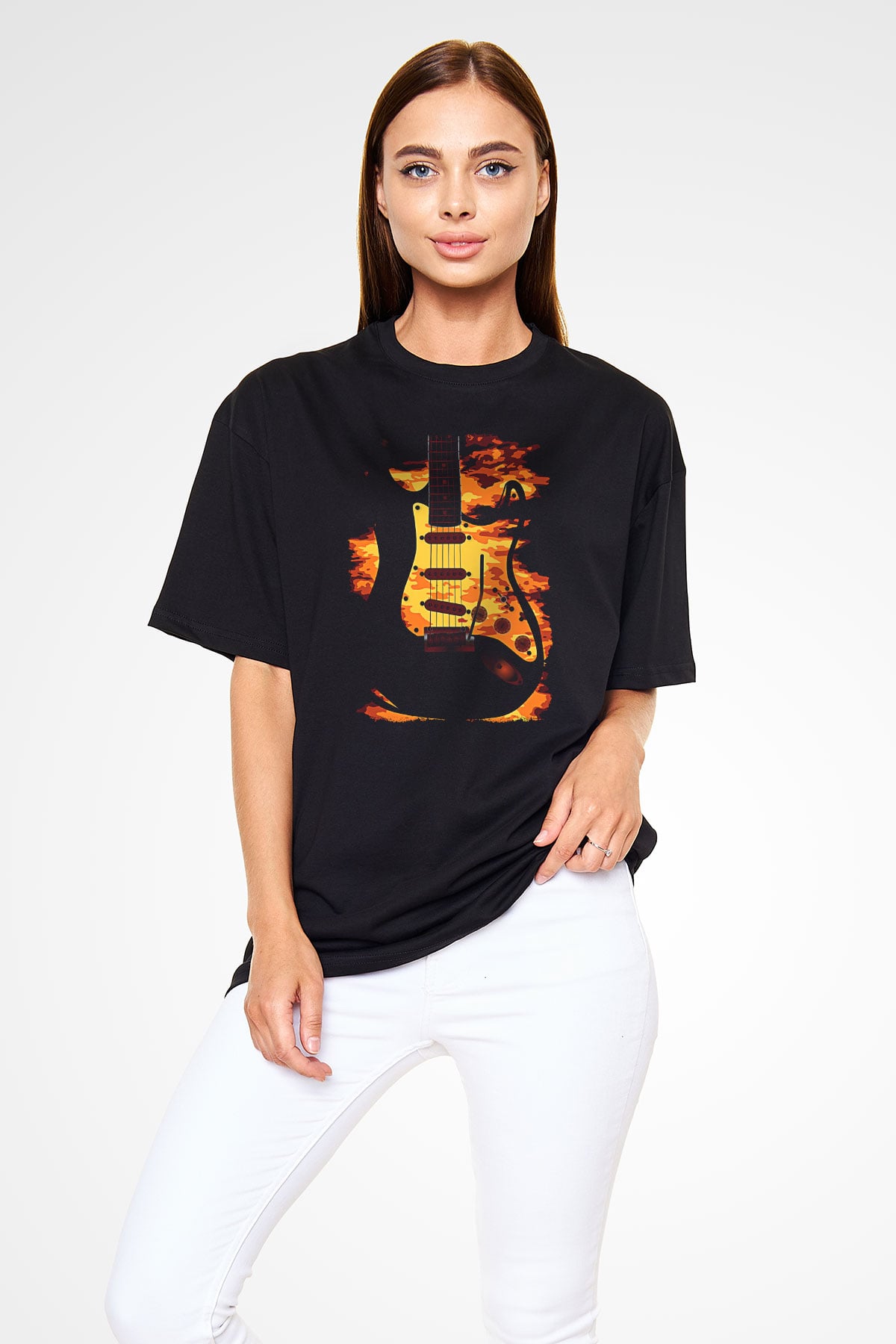 Elektro Gitar Baskılı Unisex Siyah Oversize Tişört - Tshirt