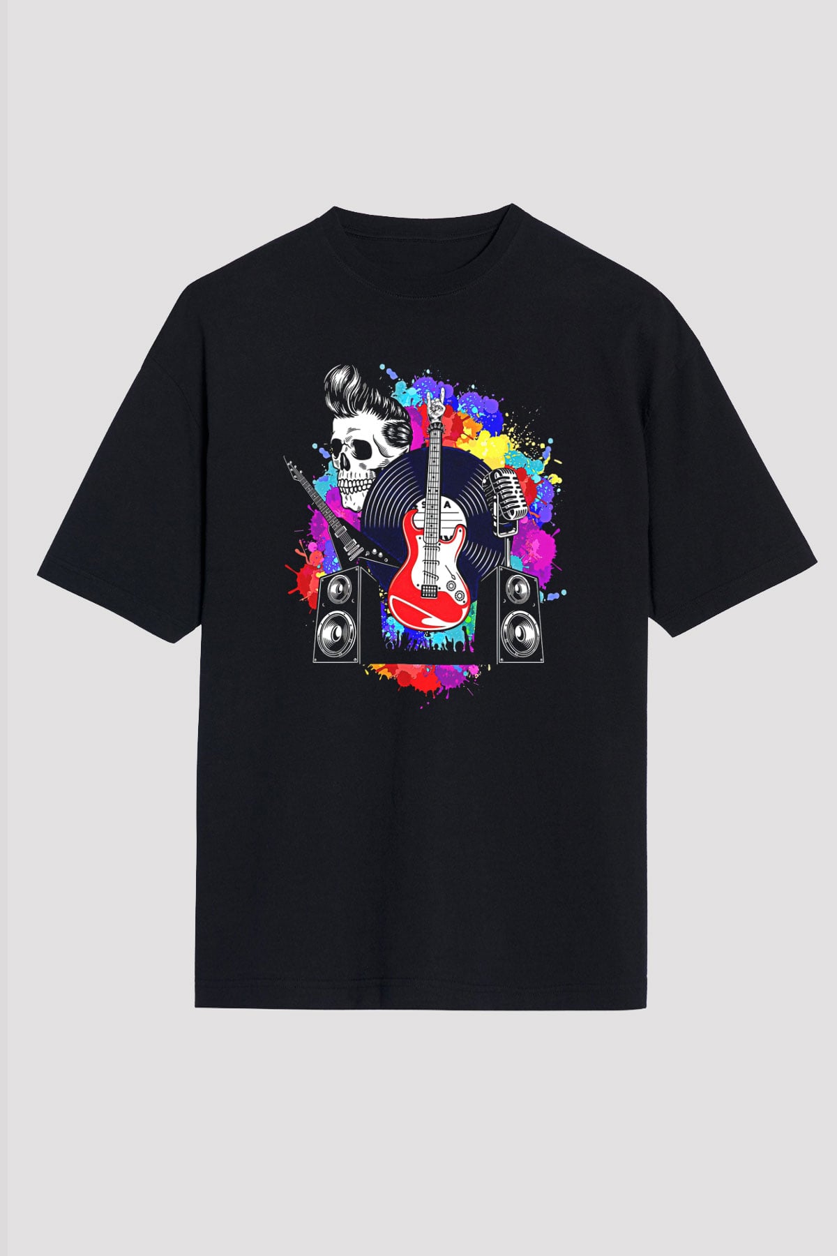 Elektro Gitar Baskılı Unisex Siyah Oversize Tişört - Tshirt