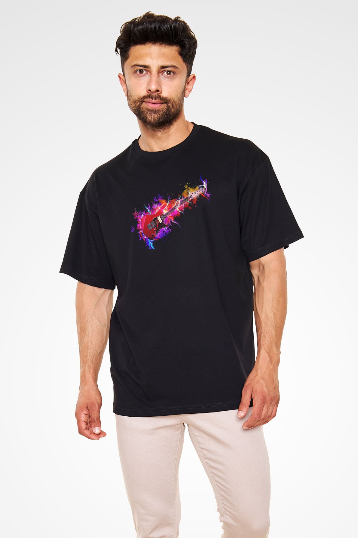 Elektro Gitar Baskılı Unisex Siyah Oversize Tişört - Tshirt
