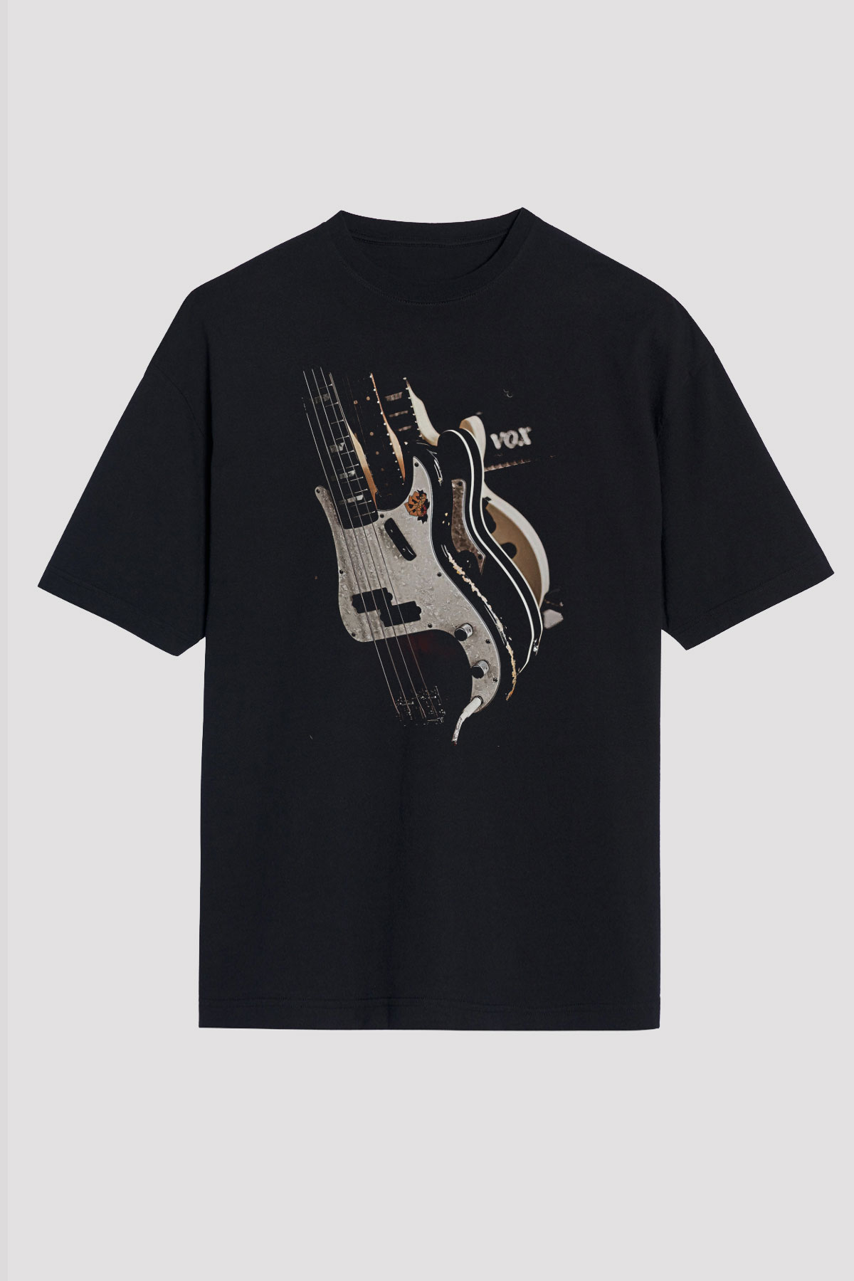 Elektro Gitar Baskılı Unisex Siyah Oversize Tişört - Tshirt