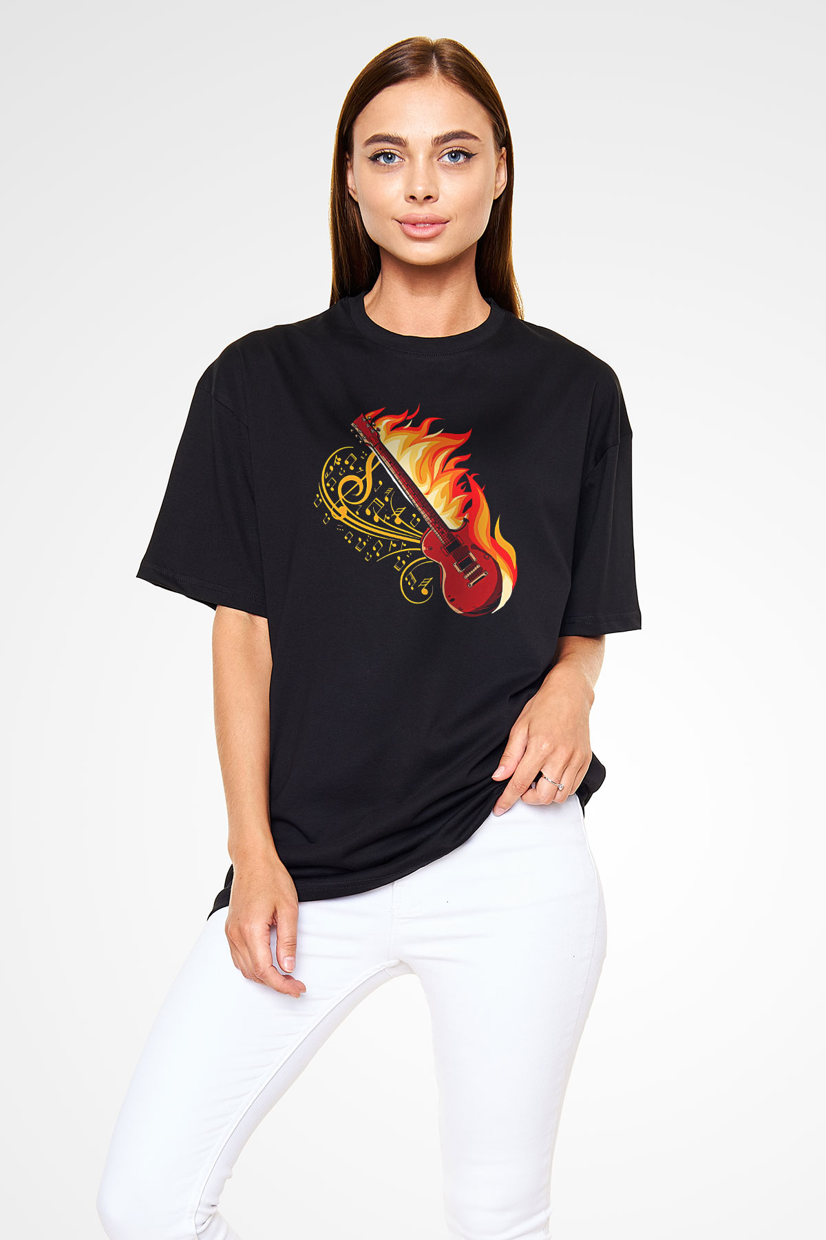 Elektro Gitar Baskılı Unisex Siyah Oversize Tişört - Tshirt
