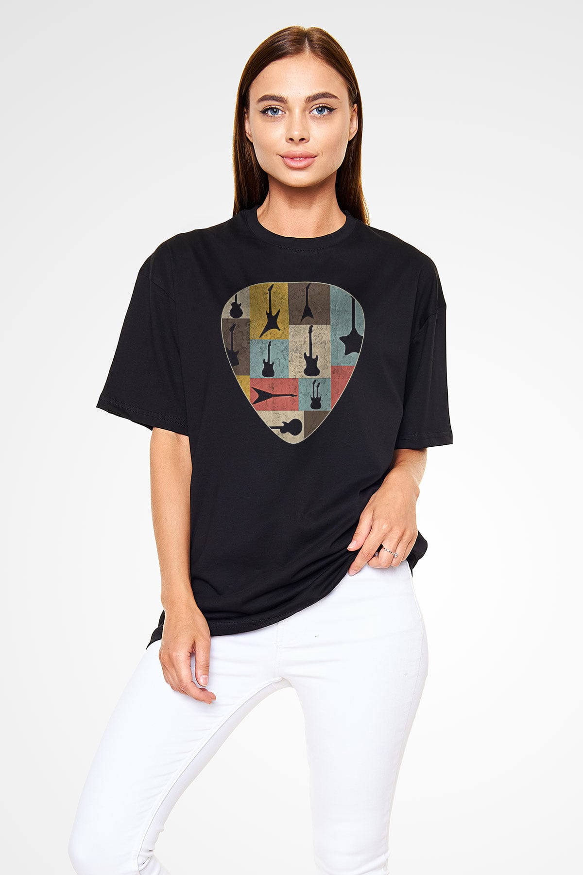 Elektro Gitar Baskılı Unisex Siyah Oversize Tişört - Tshirt