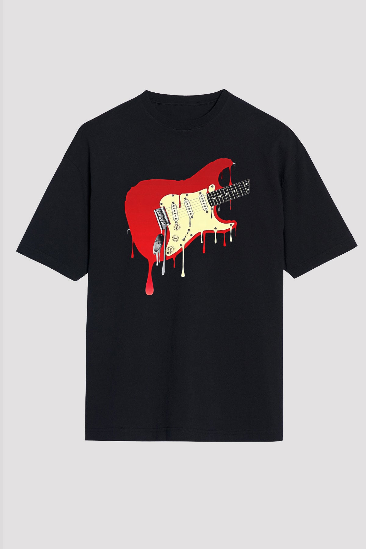 Elektro Gitar Baskılı Unisex Siyah Oversize Tişört - Tshirt
