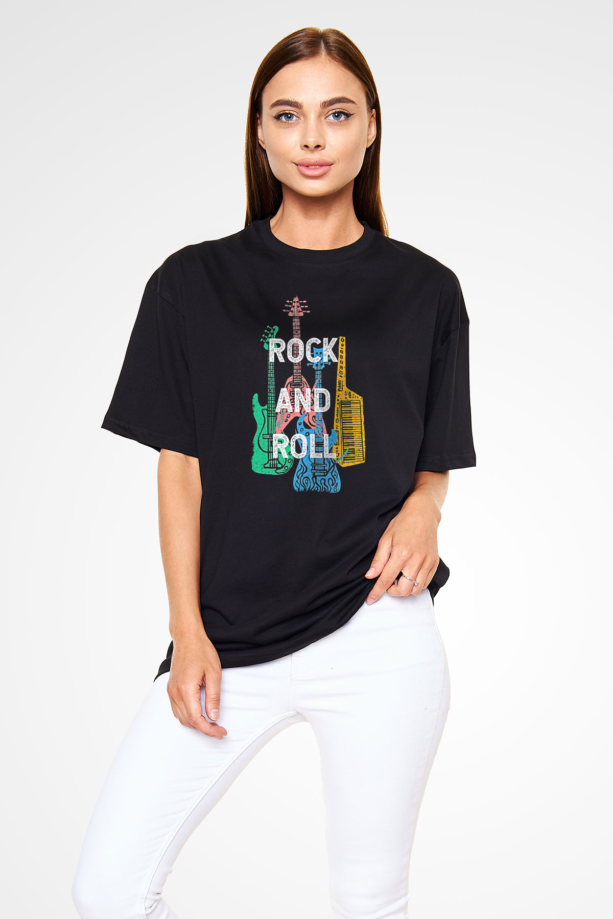 Elektro Gitar Baskılı Unisex Siyah Oversize Tişört - Tshirt