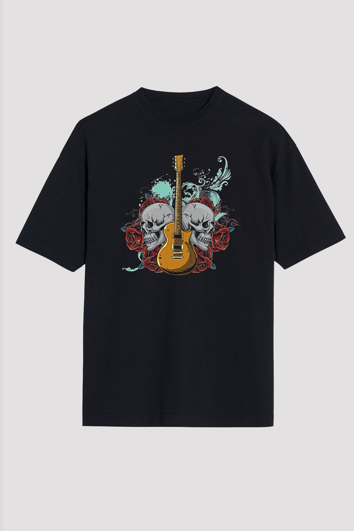 Elektro Gitar Baskılı Unisex Siyah Oversize Tişört - Tshirt