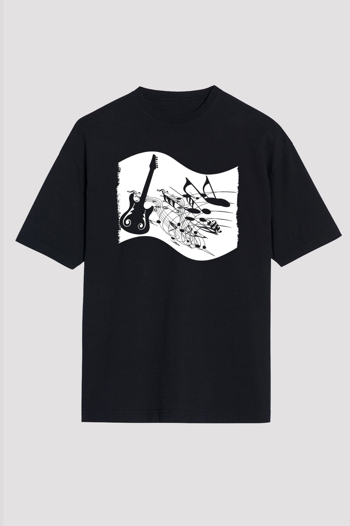 Elektro Gitar Baskılı Unisex Siyah Oversize Tişört - Tshirt