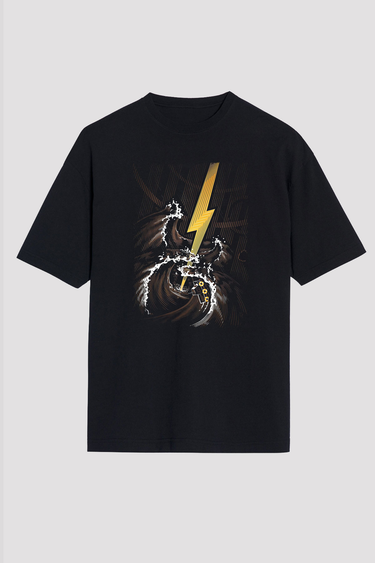 Elektro Gitar Baskılı Unisex Siyah Oversize Tişört - Tshirt