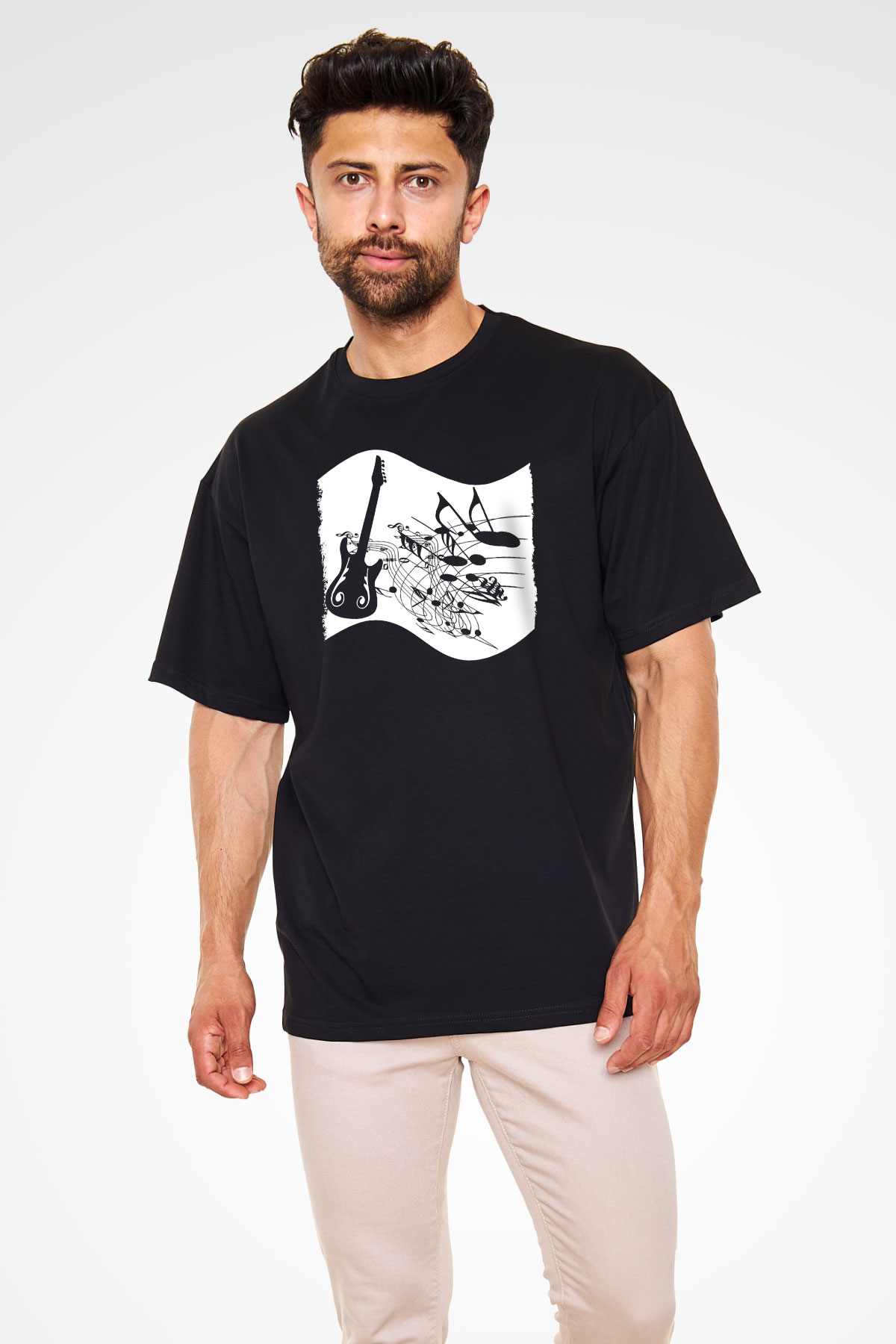 Elektro Gitar Baskılı Unisex Siyah Oversize Tişört - Tshirt
