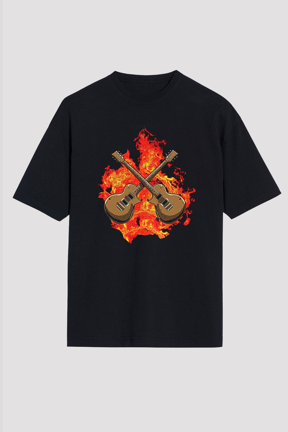 Elektro Gitar Baskılı Unisex Siyah Oversize Tişört - Tshirt