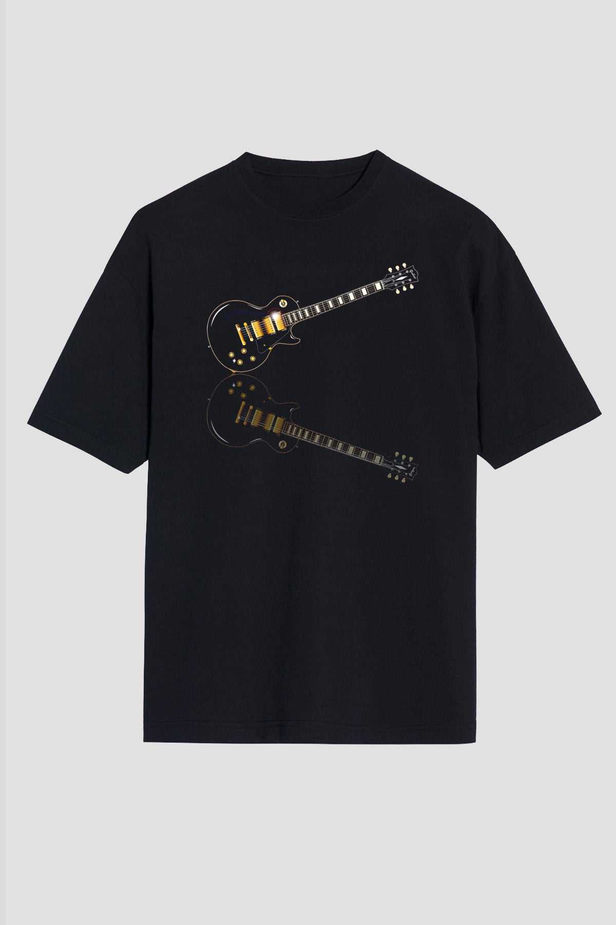 Elektro Gitar Baskılı Unisex Siyah Oversize Tişört - Tshirt