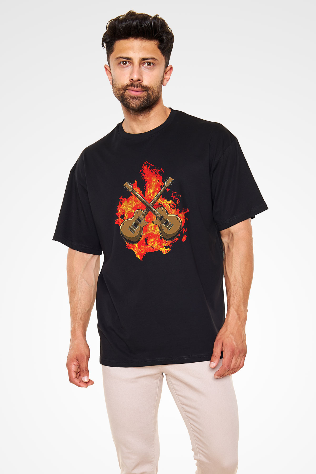 Elektro Gitar Baskılı Unisex Siyah Oversize Tişört - Tshirt
