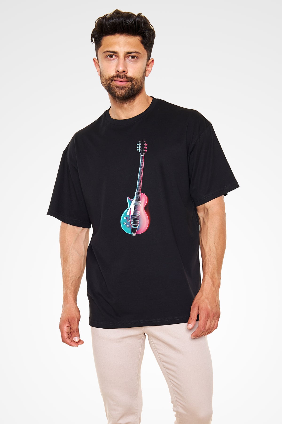 Elektro Gitar Baskılı Unisex Siyah Oversize Tişört - Tshirt